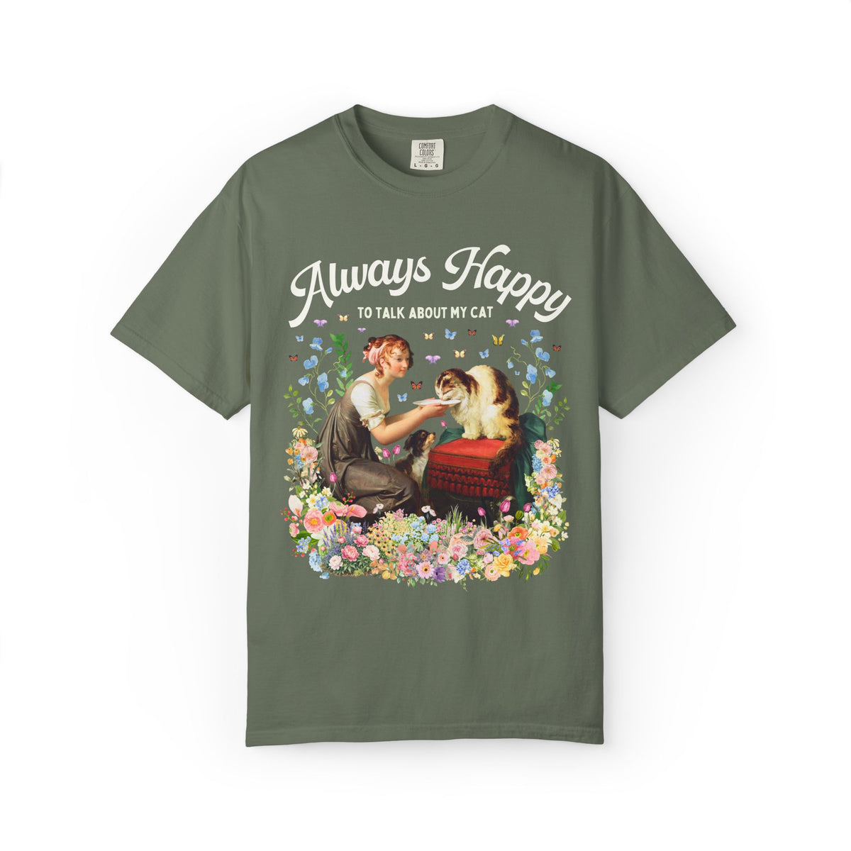 Art History Cat Lover Tee Shirt: Always Happy to Talk About My Cat Funny Cat Mom or Cat Dad T-Shirt, Floral Goblincore Kitten Tee