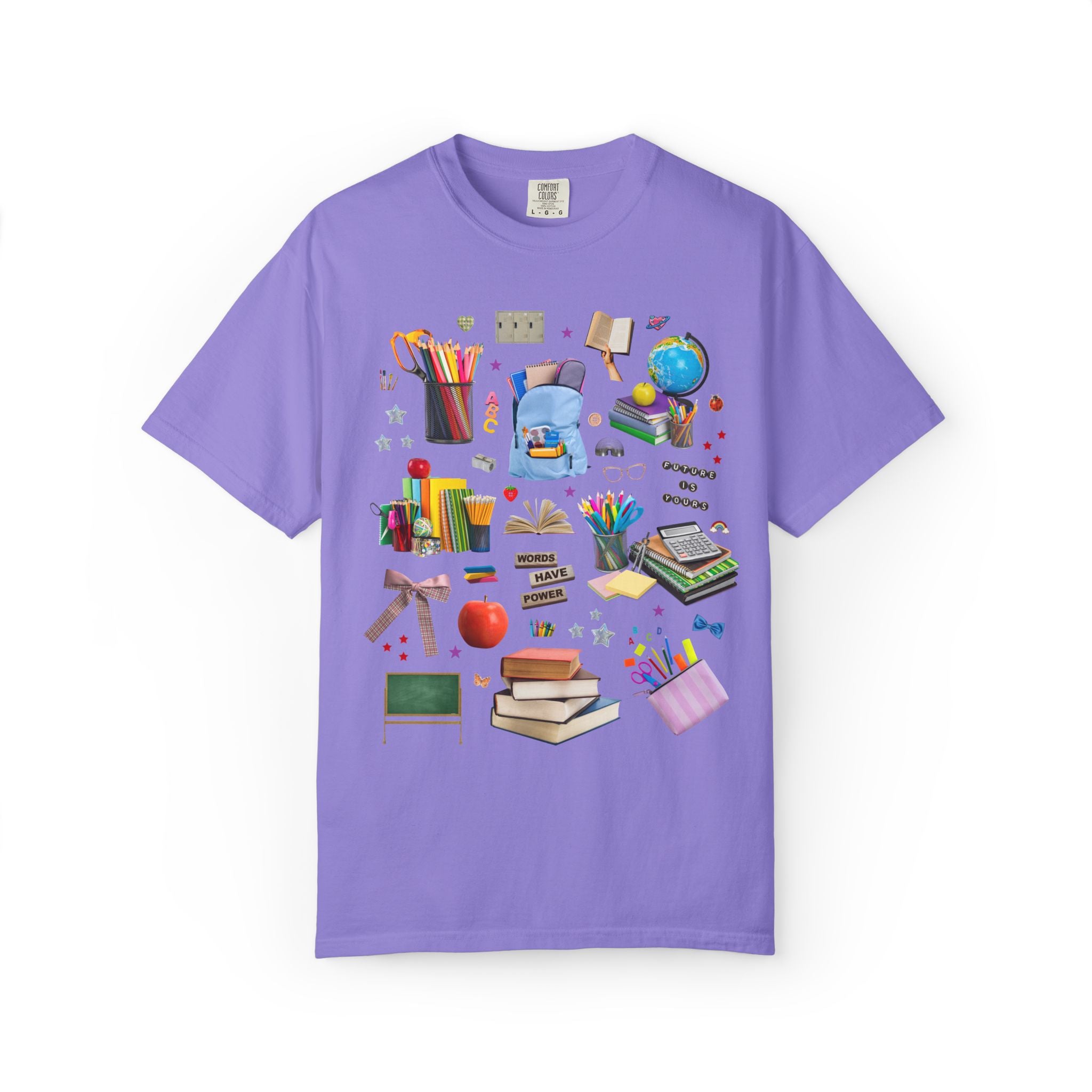 School Supply Matching Teacher T-Shirt for History Department or Middle School Office Staff, Words Have Power Education Collage with Stars