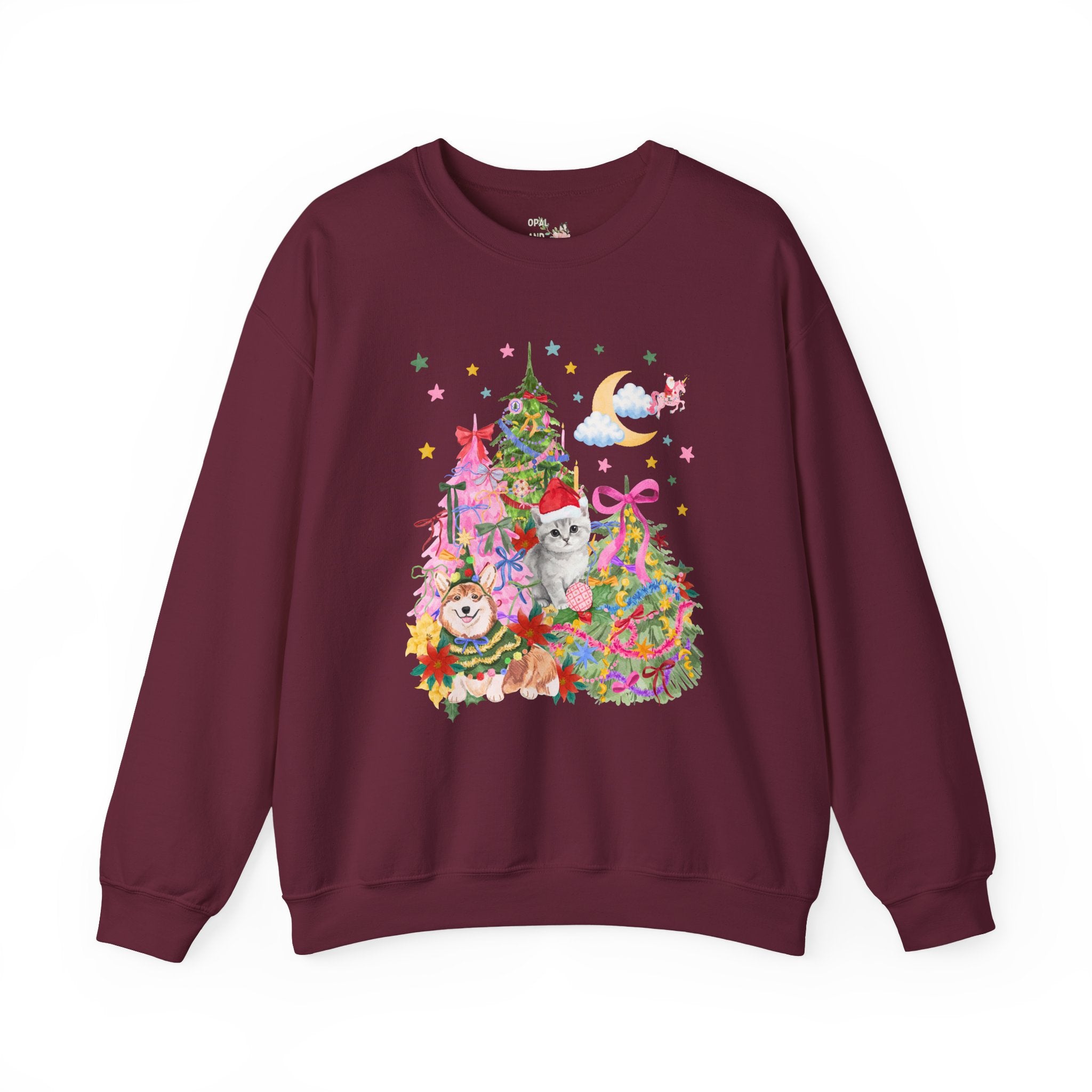 Kitschy Christmas Sweatshirt with with Corgi and Kitten: Funny Nostalgic 90s Aesthetic Xmas Crewneck for Animal Lover, Eclectic Holiday Shirt with Stars
