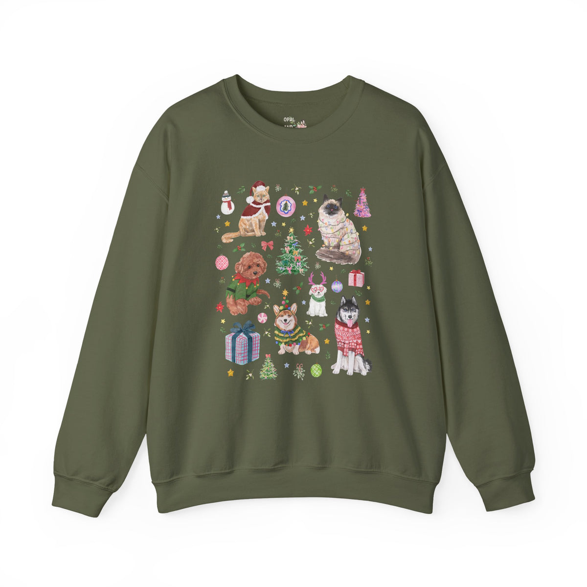 Maximalist Christmas Sweatshirt for Animal Lover with Kittens and Cats and Dogs, Funny Nostalgic Xmas Holiday Crewneck, Cute Kitschy Vibe