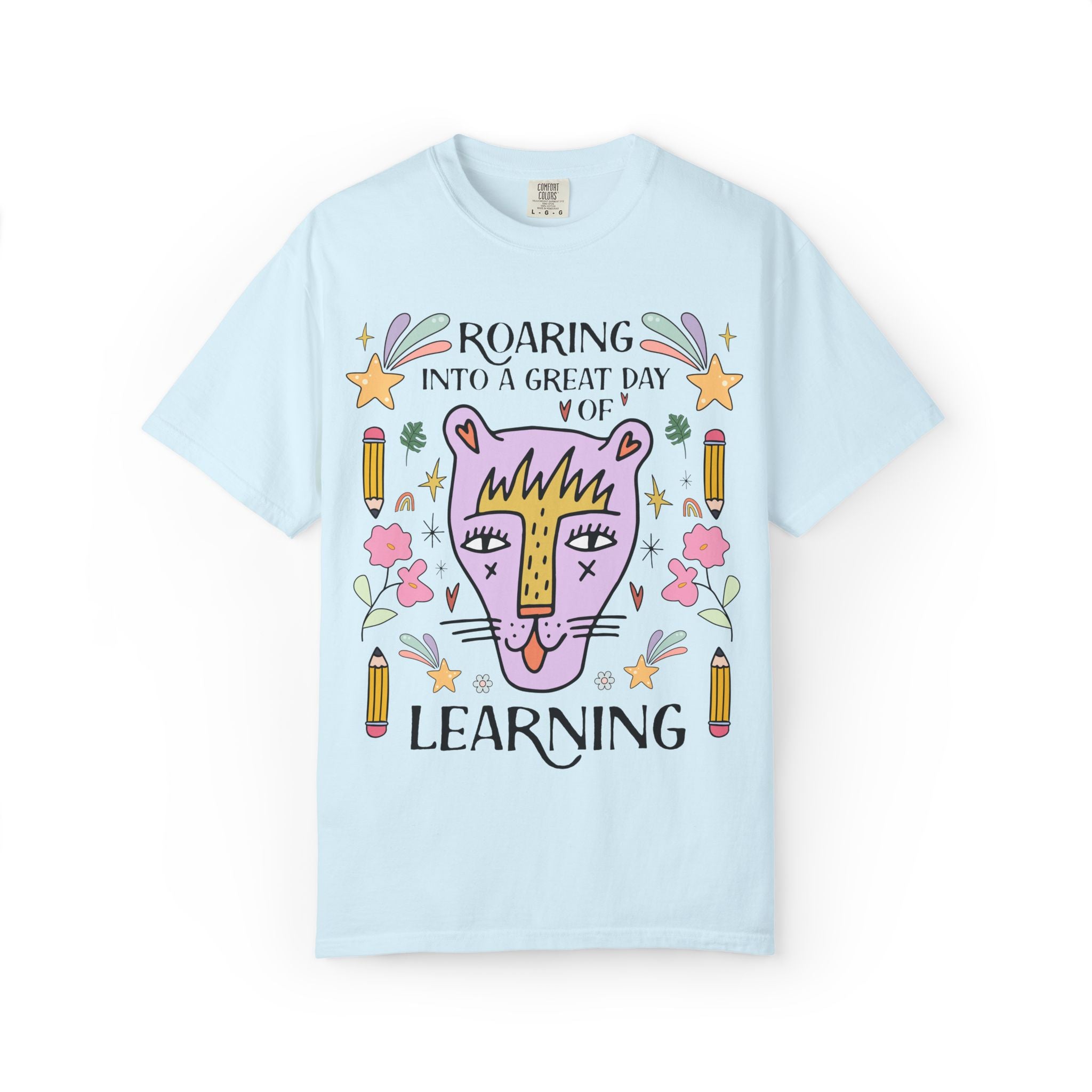 Matching Teacher Tee Shirt: Roaring Into a Great Day of Learning | Cute Matching Teacher or School Office Staff Tee with Pencils and Flowers