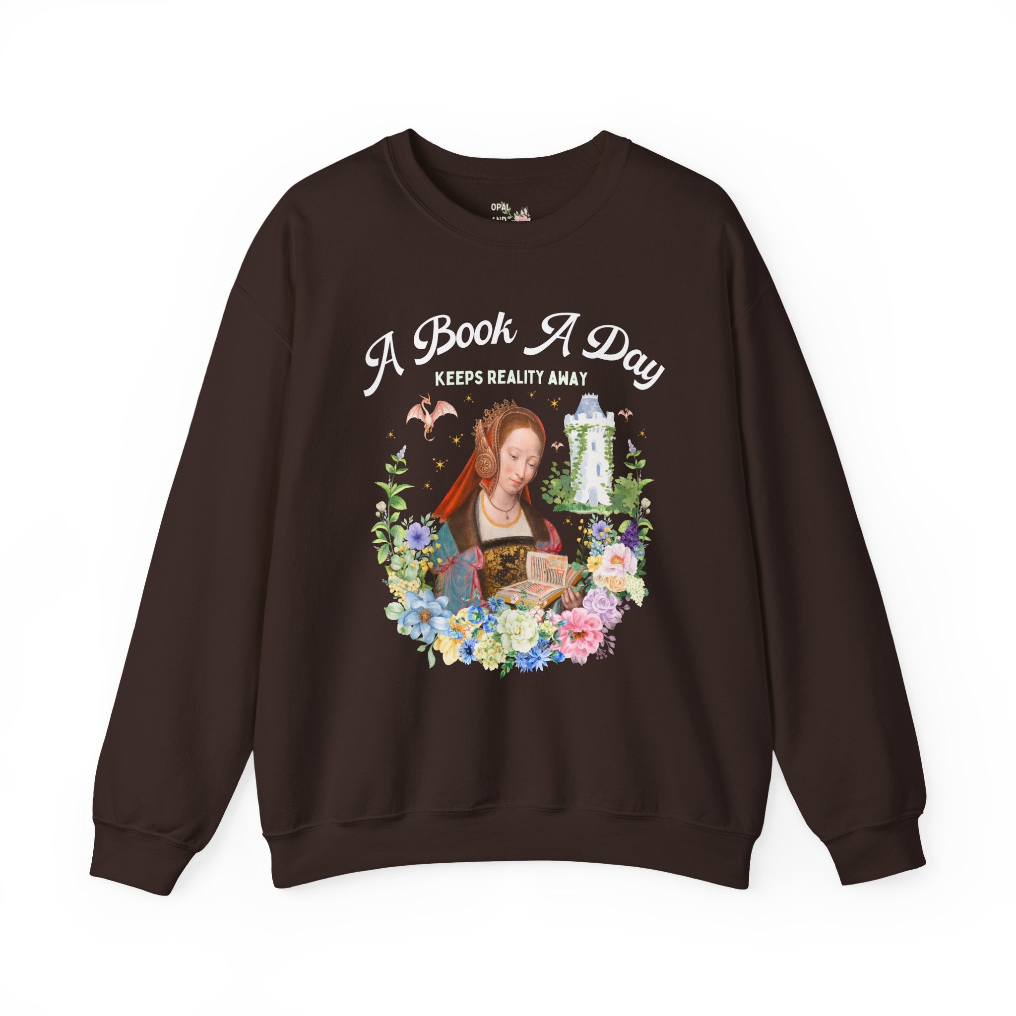 A Book A Day Keeps Reality Away: Bookish Art History Sweatshirt, The Master of Frankfurt Dragon Lover Fantasy Romance Reader Crewneck with Flowers