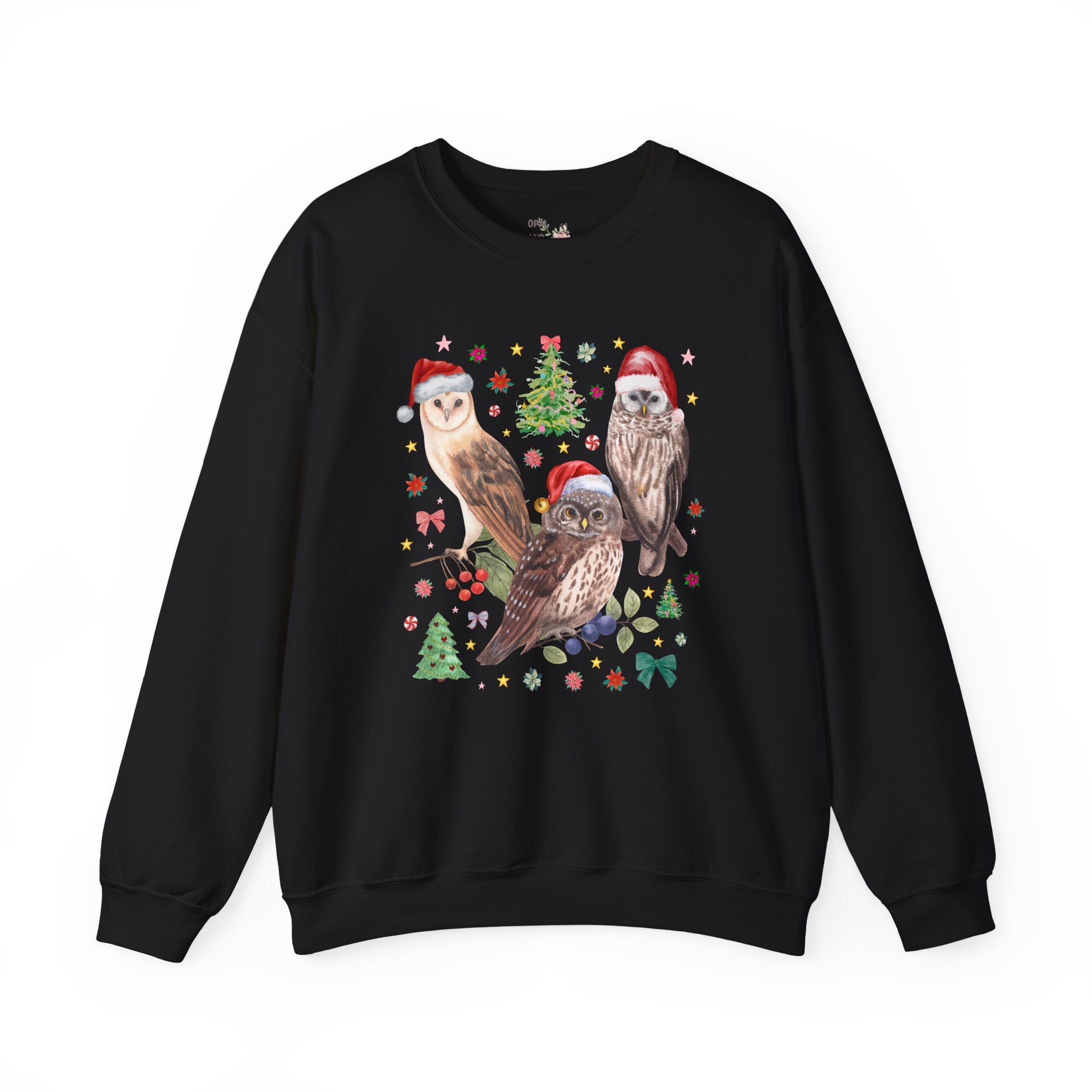 Christmas Owl Animal Lover Sweatshirt with Owls Wearing Santa Hats, Funny Nostalgic 90s Aesthetic Maximalist Crewneck, Bird Lover or Birdwatcher