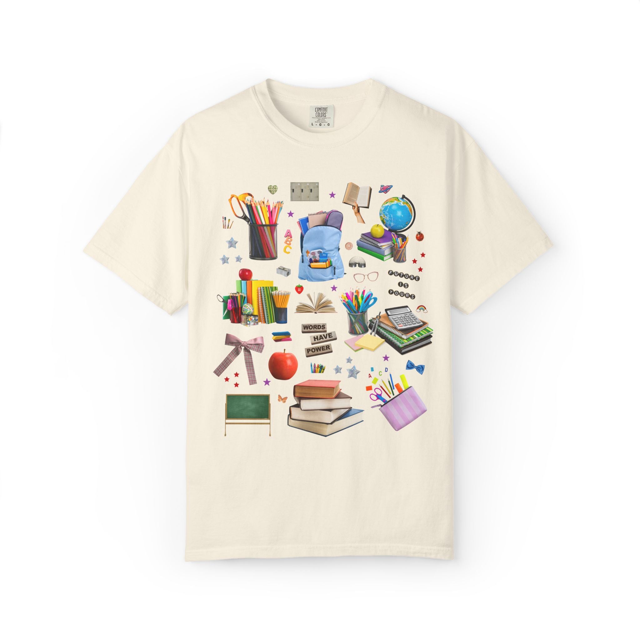 School Supply Matching Teacher T-Shirt for History Department or Middle School Office Staff, Words Have Power Education Collage with Stars