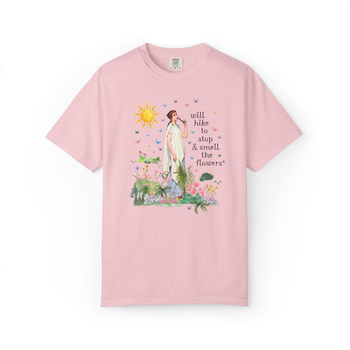 Hiking Art History Tee Shirt: Will Hike to Stop and Smell the Flowers, Funny Goblincore Hikinng Lover T-Shirt for Nature Lover or Gardener