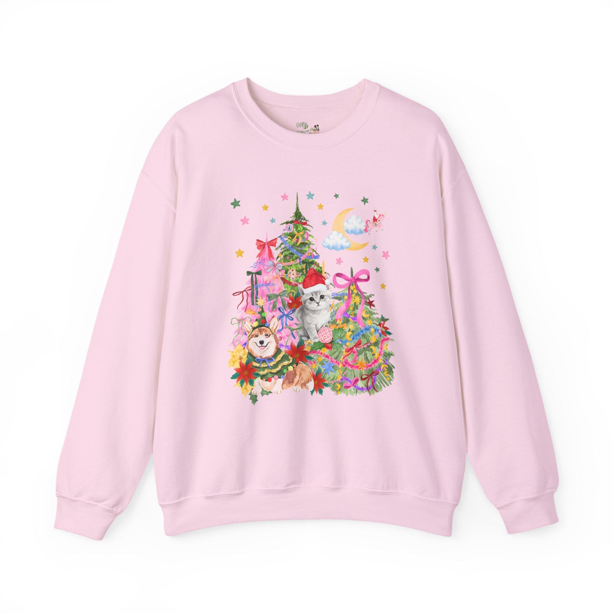 Kitschy Christmas Sweatshirt with with Corgi and Kitten: Funny Nostalgic 90s Aesthetic Xmas Crewneck for Animal Lover, Eclectic Holiday Shirt with Stars