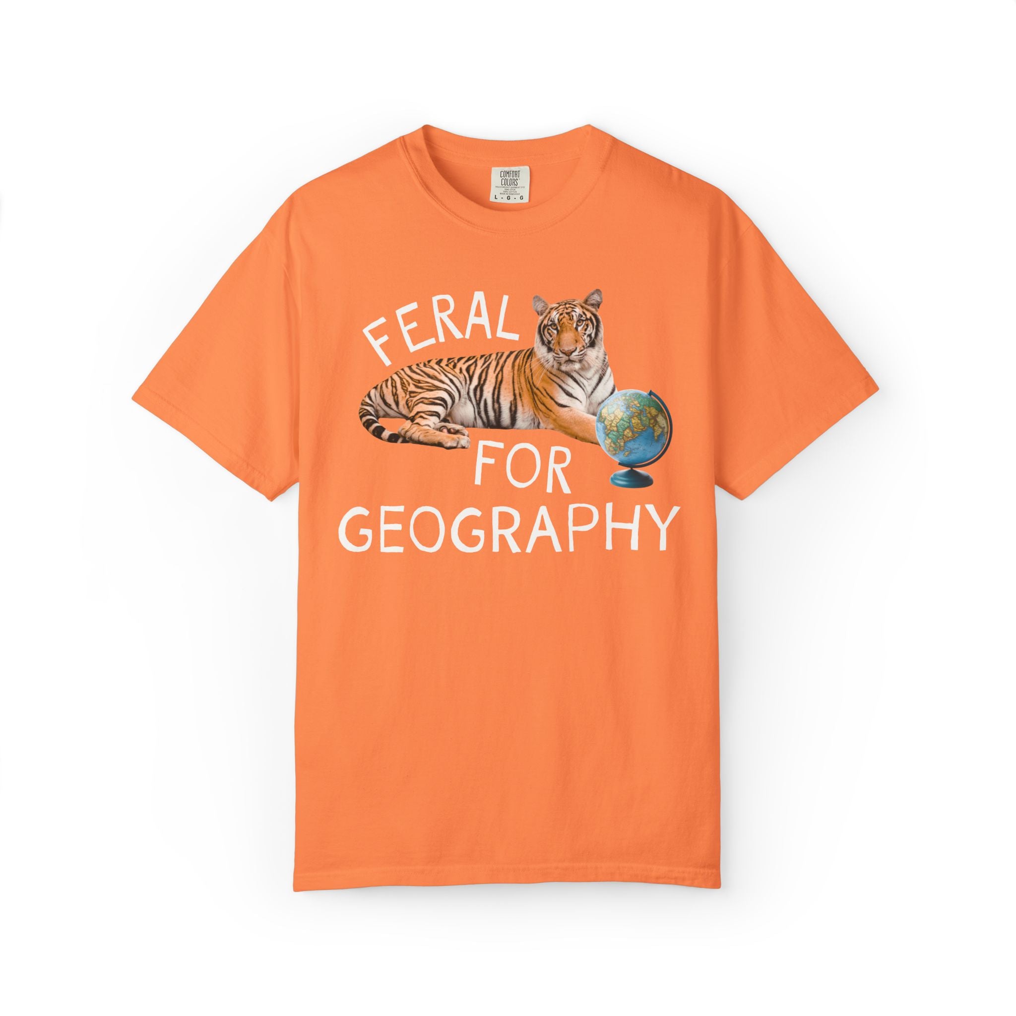 Geography Lover Tee for Middle School Teacher: Feral for Geography, Silly Animal Lover T-Shirt with Tiger Holding Books, Matching Teacher T