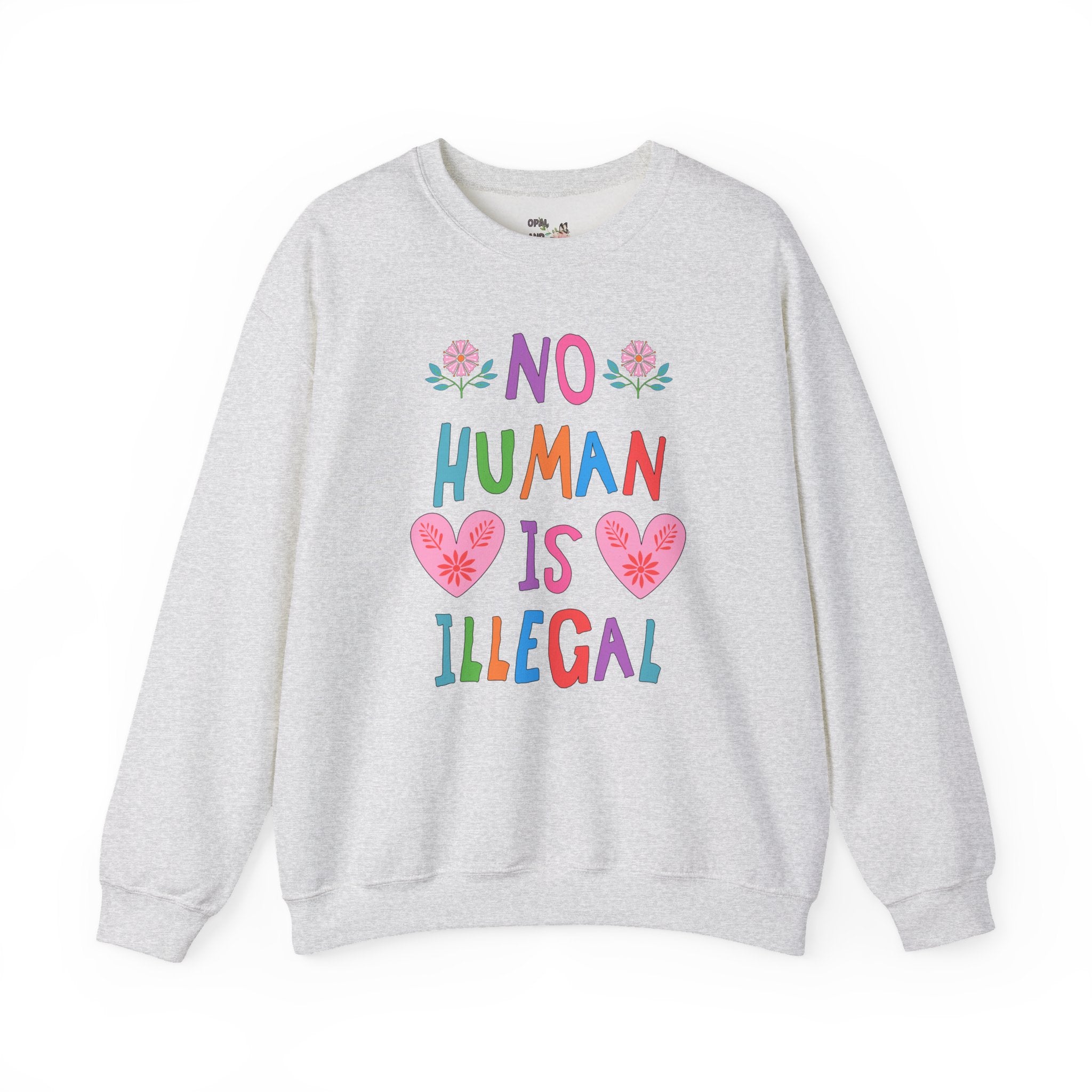 No Human is Illegal Abolish Ice Sweatshirt with Hearts and Flowers, Cute Political Leftist Crewneck, Human Rights, Colorful Equal Rights Shirt