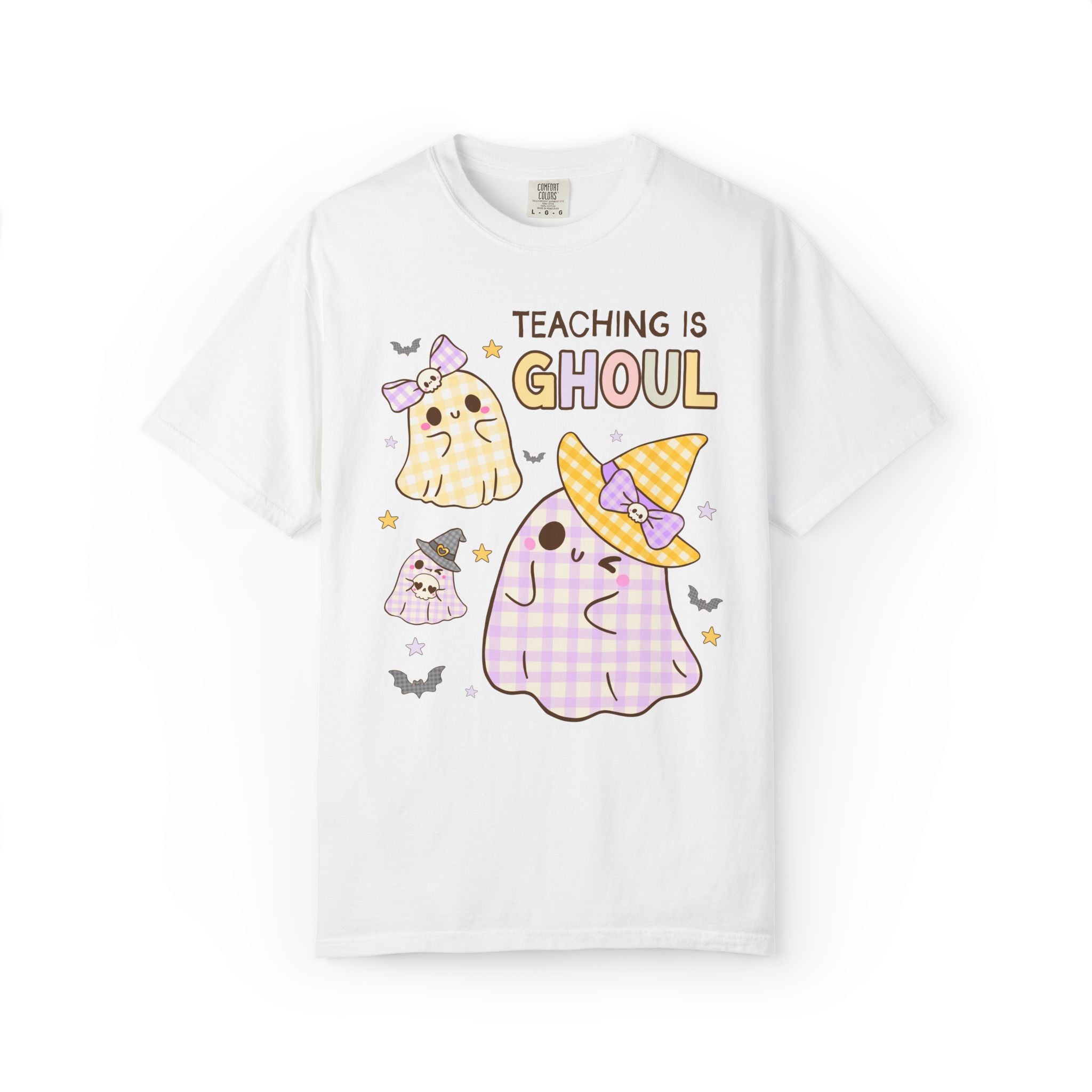 Pastel Halloween Teacher Team Tee Shirt with Cute Gingham Ghosts: Teaching is Ghoul, Spooky Season Matching Teacher T-Shirt for Fall