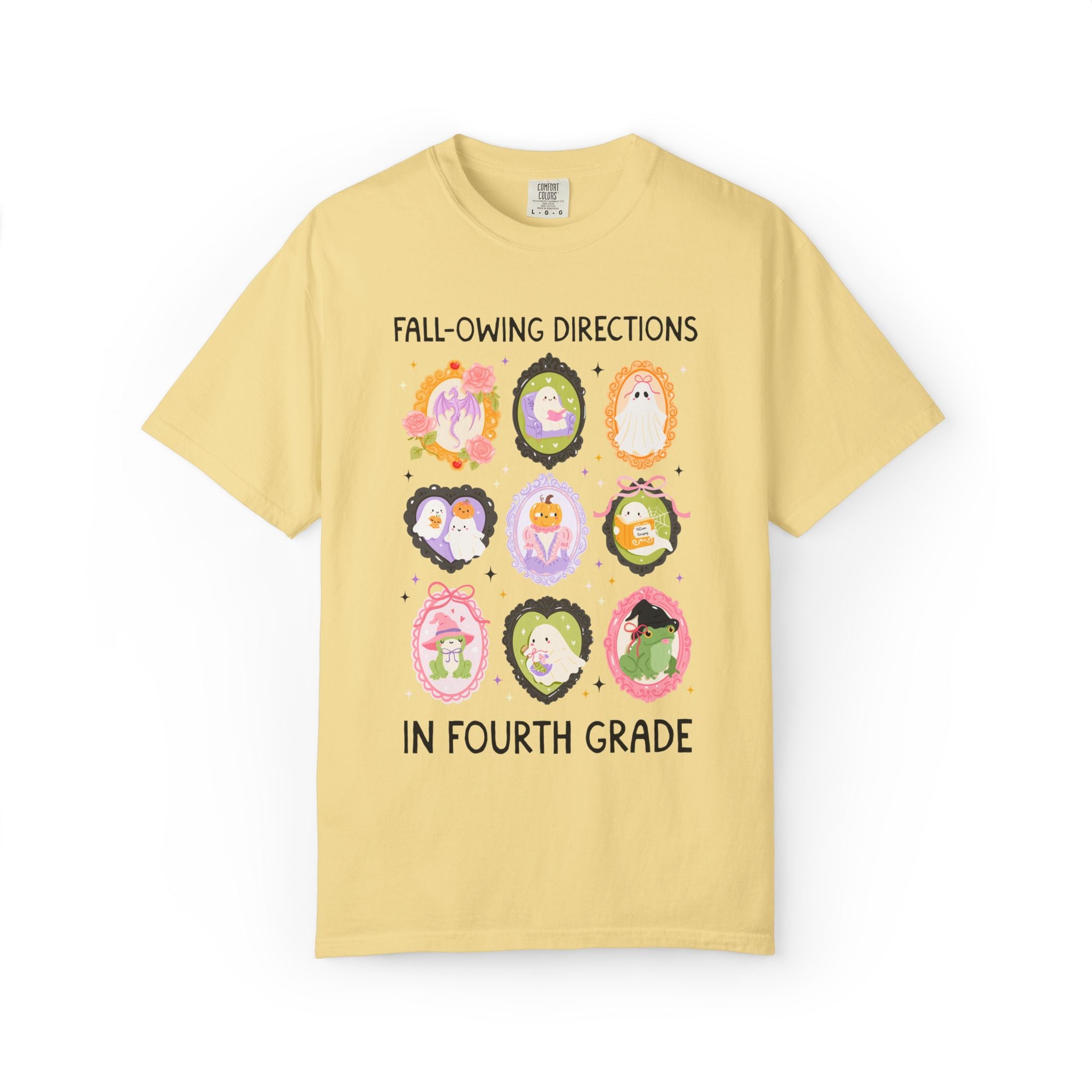 Fourth Grade Halloween Teacher Tee: Fall-Owing Directions Pastel Goth Teacher Team T-Shirt for Fall, Cute Spooky Season Frog Tee with Ghosts