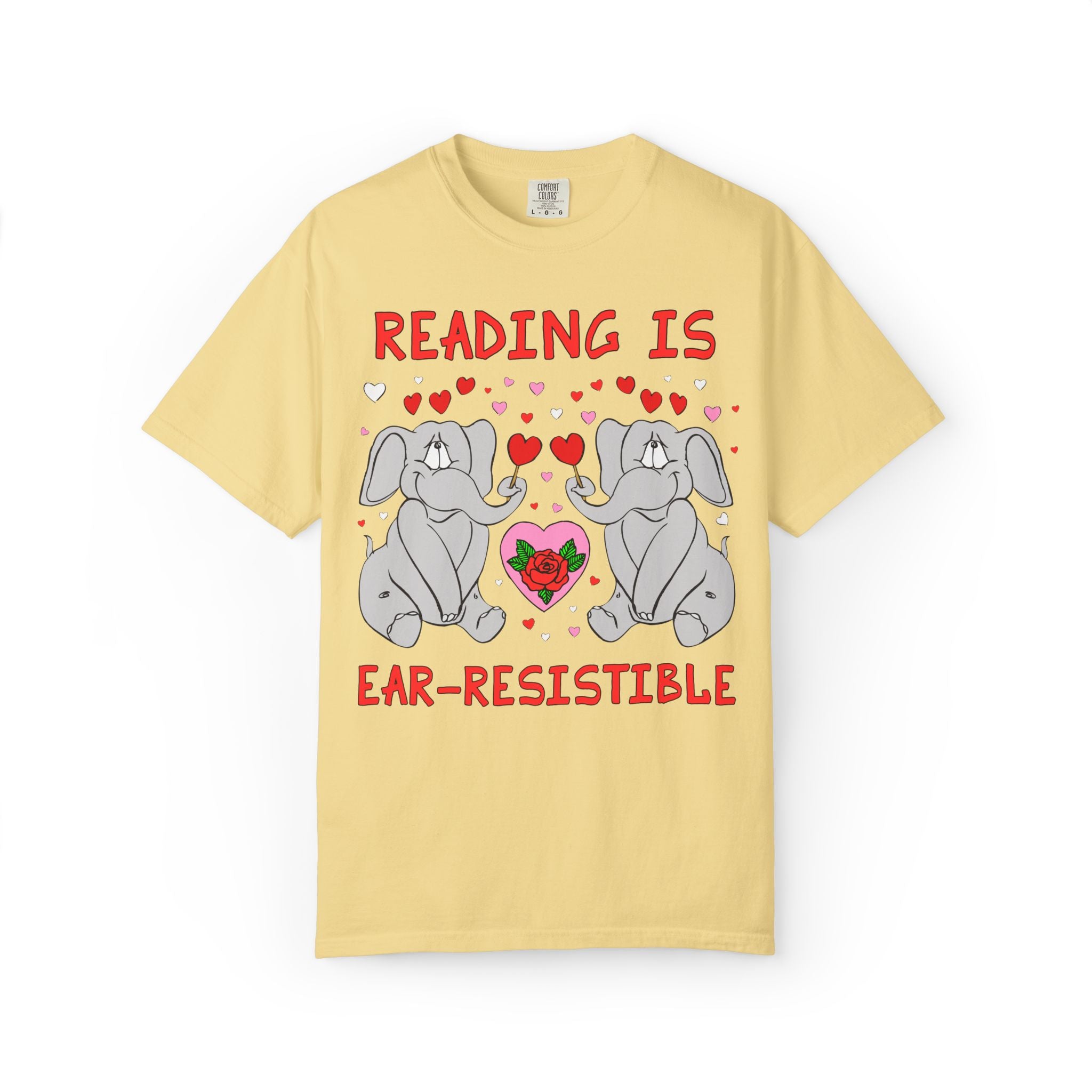 Reading is Ear-Resistible! Valentine's Day Teacher Tee: Funny Animal Lover T-Shirt with Elephant and Hearts, Cute Matching Teacher Tee