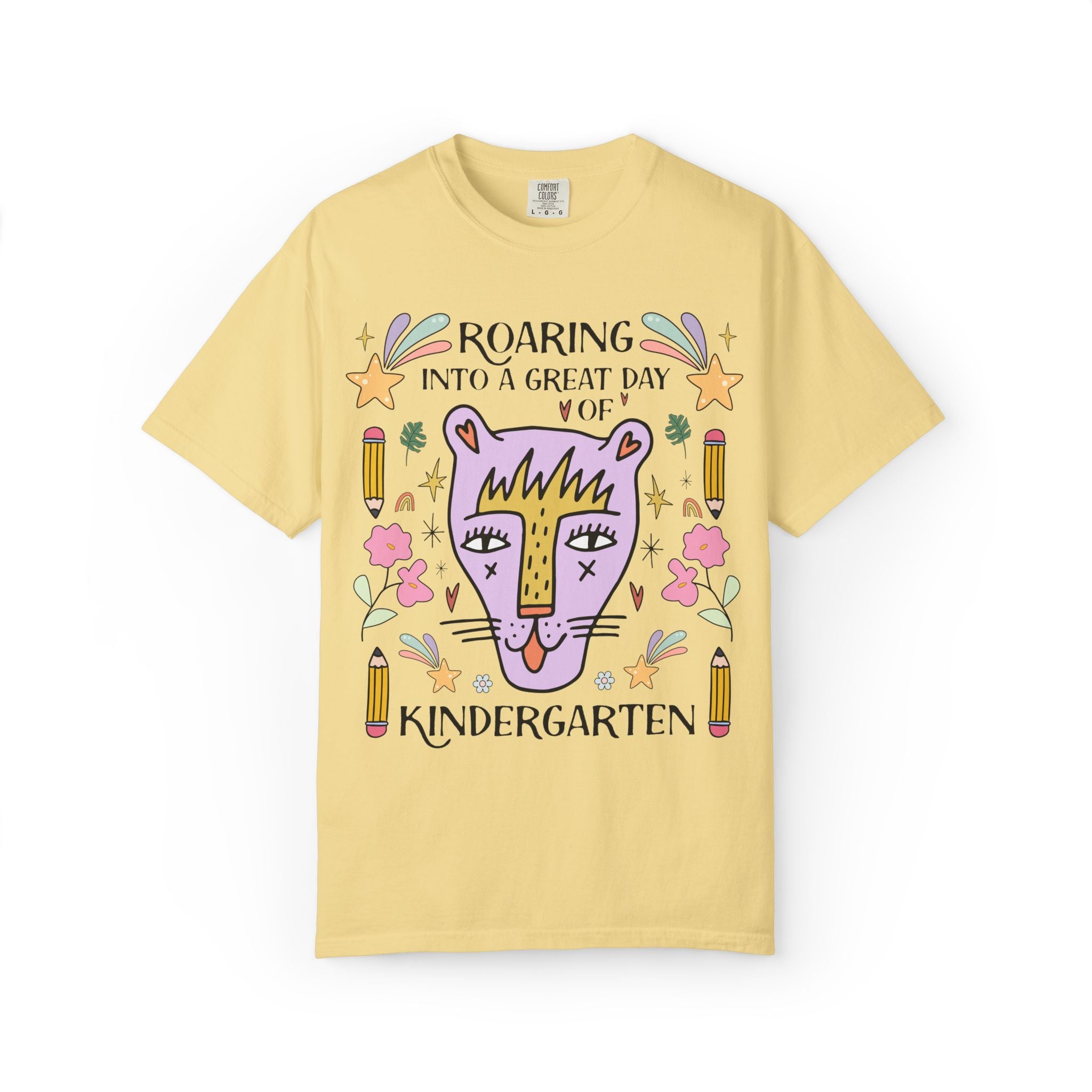 Kindergarten Teacher Tee Shirt: Roaring Into a Great Day of Kindergarten | Cute Matching Teacher or Paraprofessional Tee with Pencils