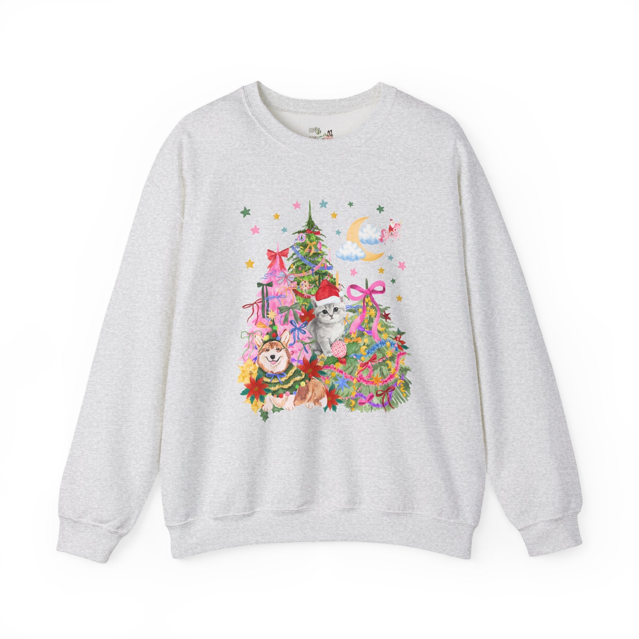 Kitschy Christmas Sweatshirt with with Corgi and Kitten: Funny Nostalgic 90s Aesthetic Xmas Crewneck for Animal Lover, Eclectic Holiday Shirt with Stars