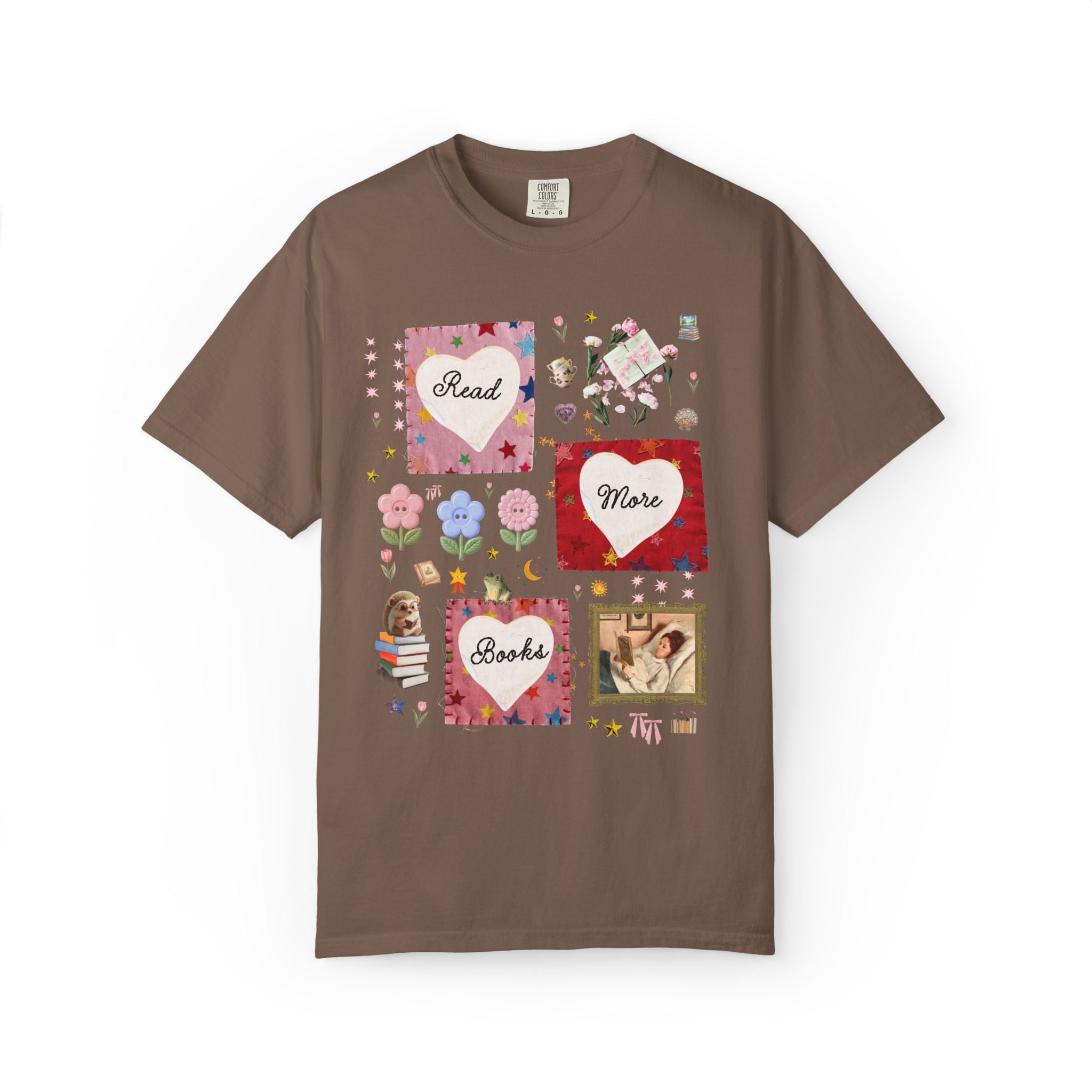 Read More Books Maximalist Collage T-Shirt with Hearts and Flowers, Whimsy Kitschy Soft Girl Style Tee Shirt for Book Lover or Bookworm