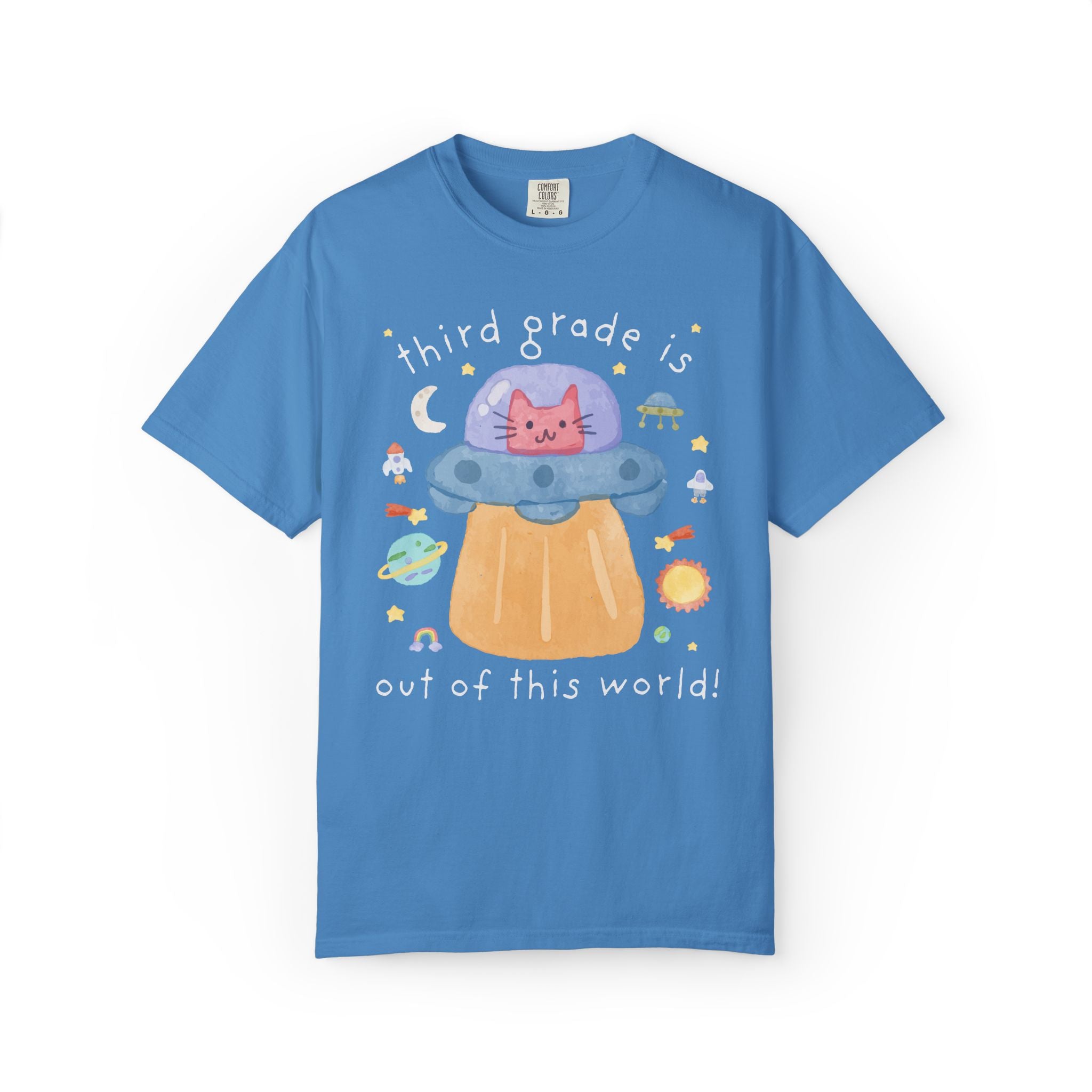 Matching Cat Mom Teacher Tee Shirt with Kitten in a UFO: Learning is Out of this World 90s Throwback Tee for Grade Level, Science Teacher