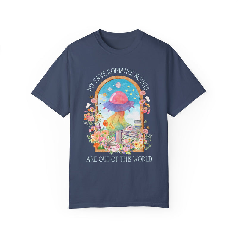 Funny Sci-Fi Romance Tee for Romantasy Reader in Navy, Bookish Alien Tee Shirt for Science Fiction Reader, Cute Rainbow Space Ship with Books and Flowers, Book Club T