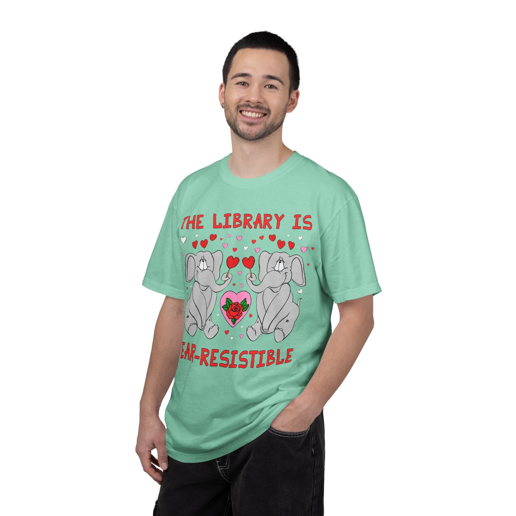 The Library is Ear-Resistible! Valentine's Day Teacher Tee: Funny Animal Lover T-Shirt with Elephant and Hearts, Cute Matching Teacher Tee