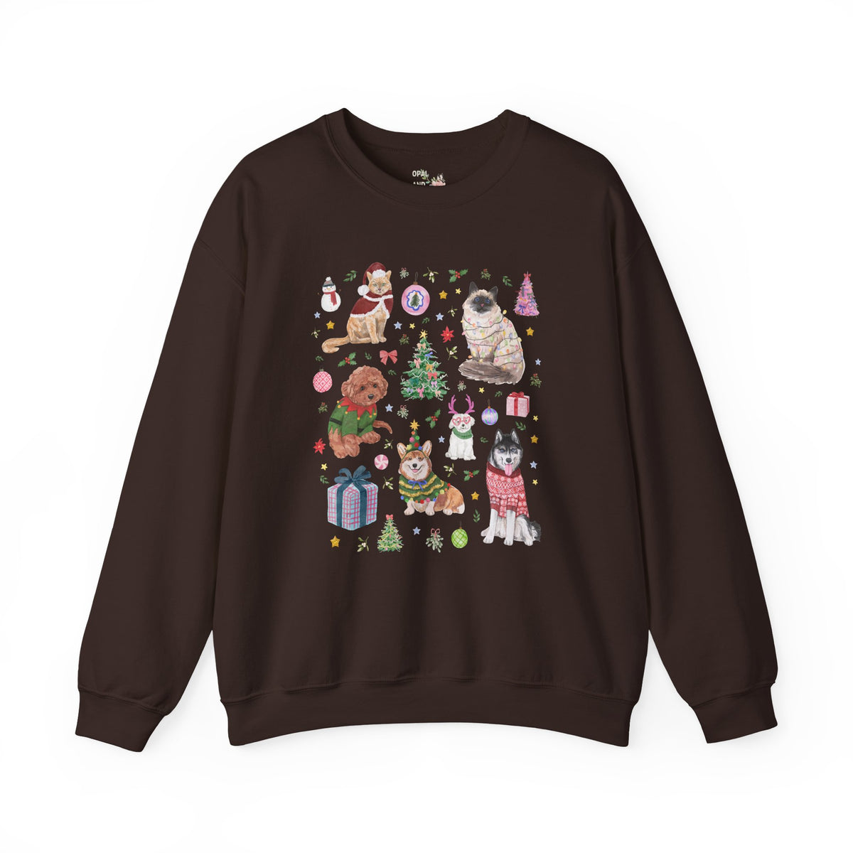 Maximalist Christmas Sweatshirt for Animal Lover with Kittens and Cats and Dogs, Funny Nostalgic Xmas Holiday Crewneck, Cute Kitschy Vibe