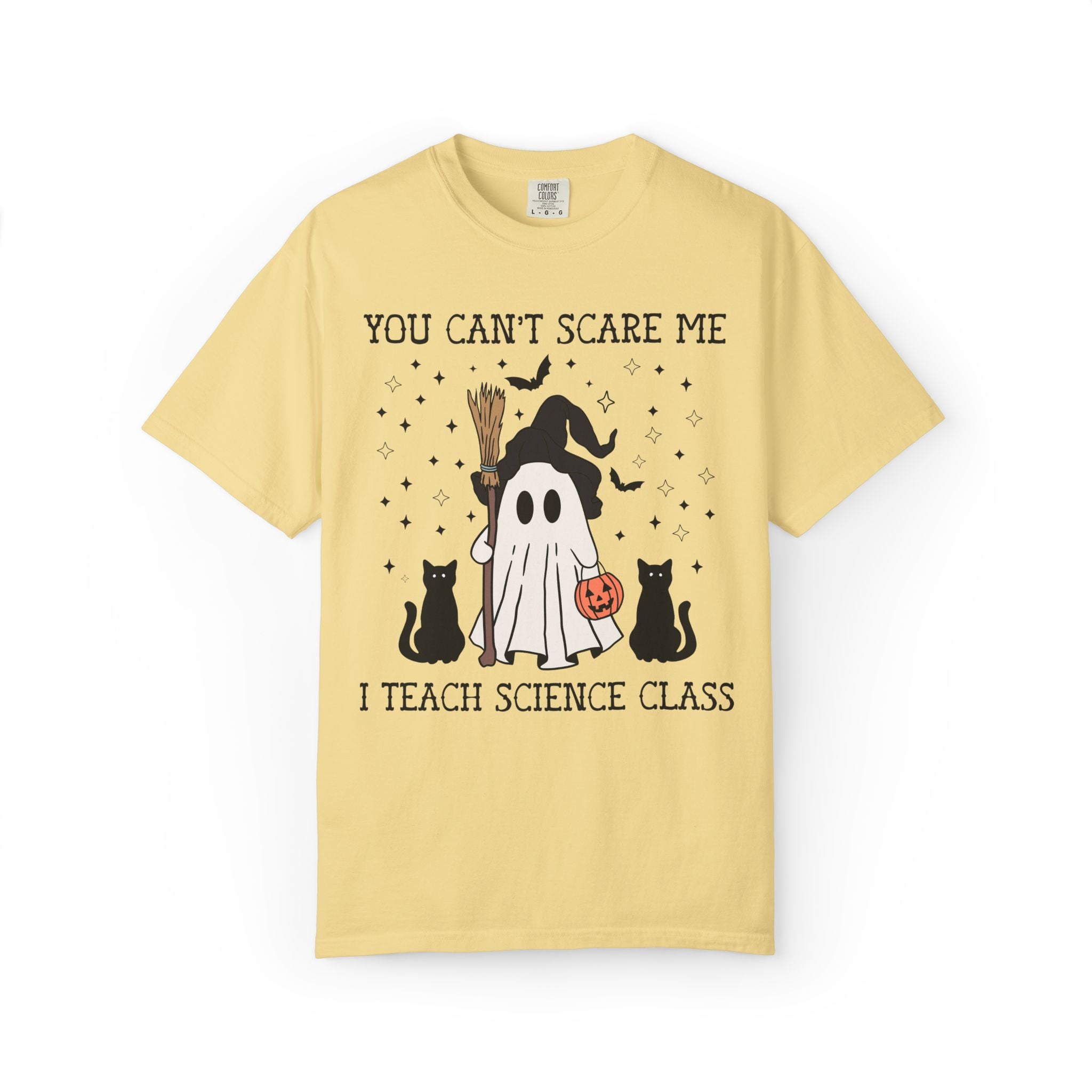Science Teacher Halloween Tee Shirt with Witchy Ghost and Black Cats for Spooky Season: You Can't Scare Me, Science Department T-Shirt
