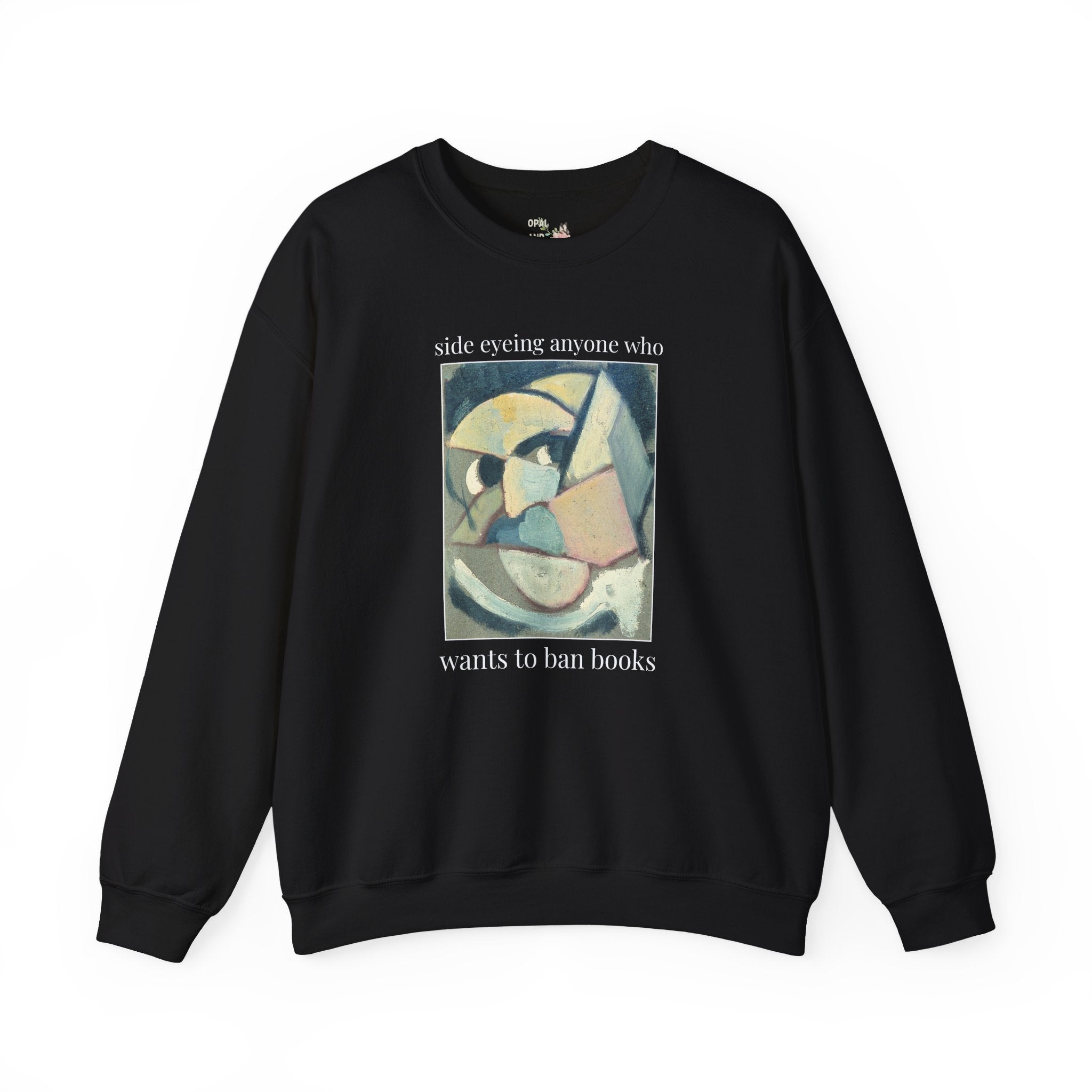 Read Banned Books Art History Lover Sweatshirt, Abstracted Portrait by Theo van Doesburg, Funny Book Lover Crewneck for Librarian or Reader