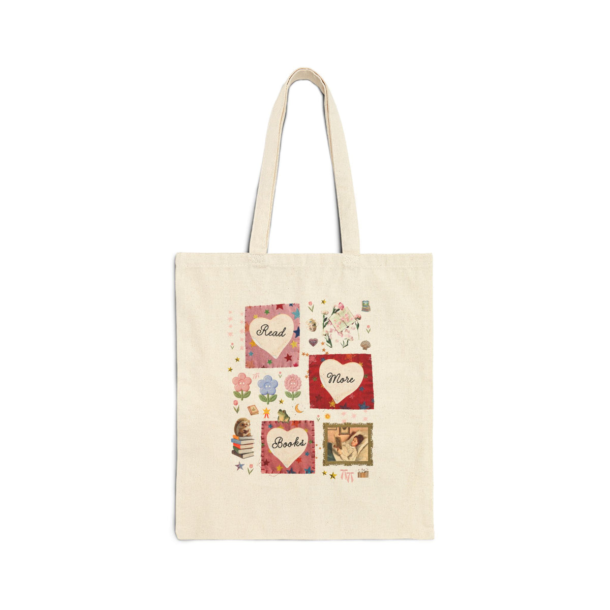 Read More Books Maximalist Collage Tote Bag with Hearts and Flowers, Whimsy Kitschy Soft Girl Style Tote Bag for Book Lover or Bookworm