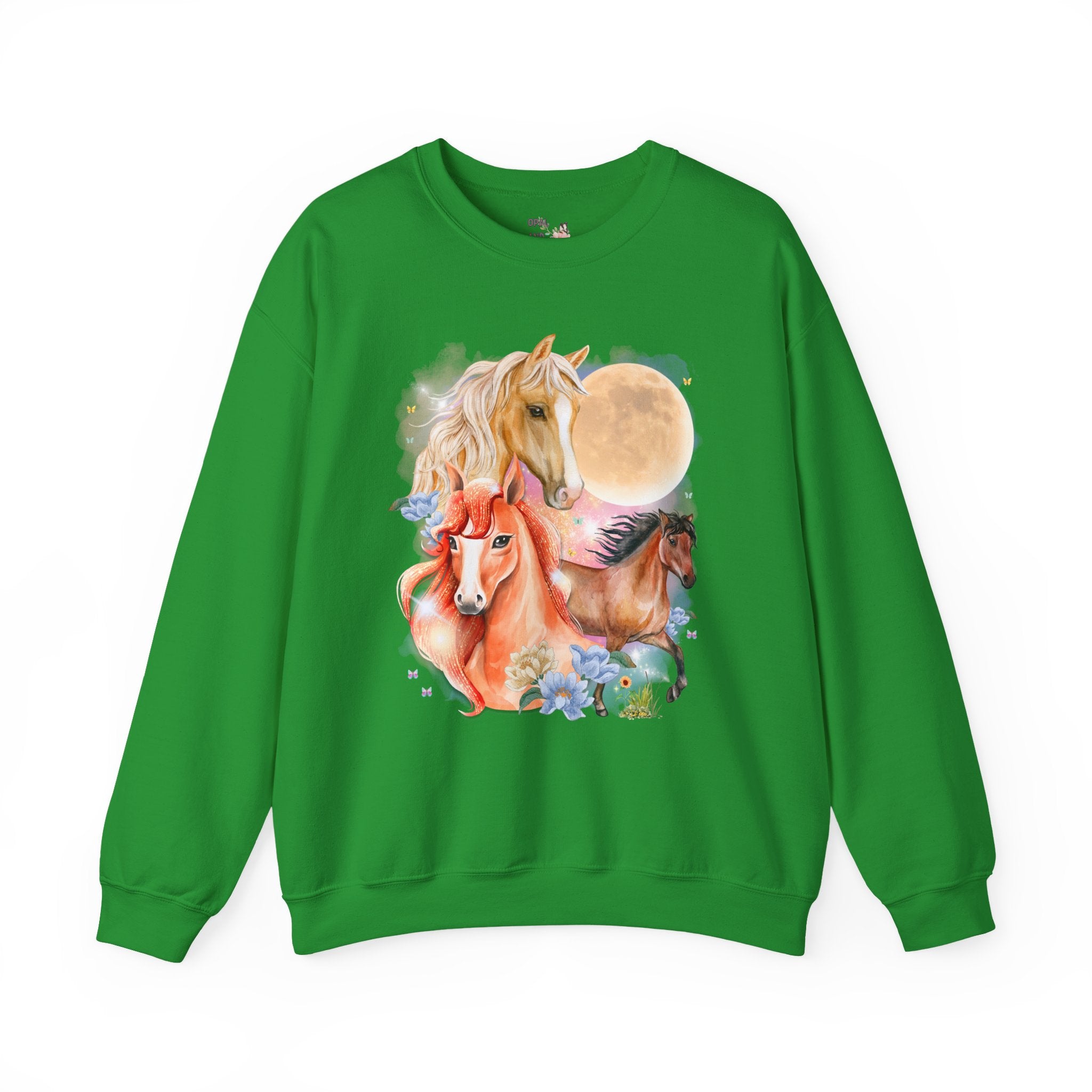 Horse Animal Lover Sweatshirt with Butterflies and Flowers: Retro Goblincore Crewneck with Moon, Silly 90s Throwback Equestrian Shirt, Horse Lover