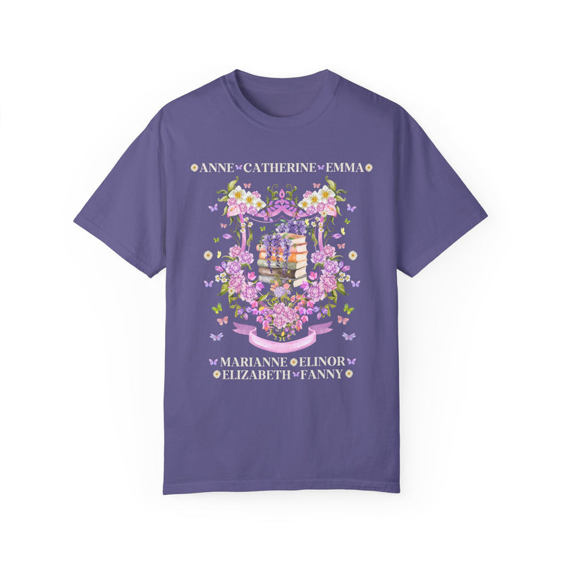 Jane Austen Character Tee in Royal Purple, Cute Floral Bookish T-Shirt for Pride and Prejudice Fans, Classic Literature Lover Gift for Women with Regency Heroines