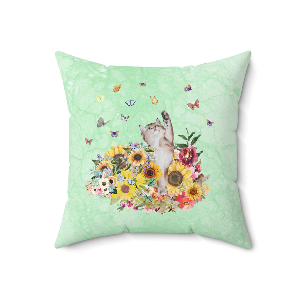 Nostalgic Cat Pillow for Fall: Watercolor Kitten, Boho Butterflies and Sunflowers