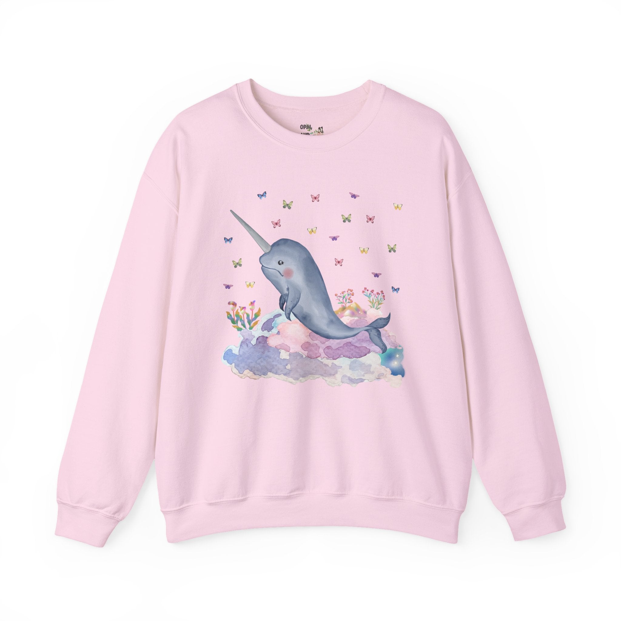 Pastel Narwhal Sweatshirt with Butterflies and Plants: Nineties Throwback Shirt | Creative Ocean Gift for Science Teacher or Biology Major