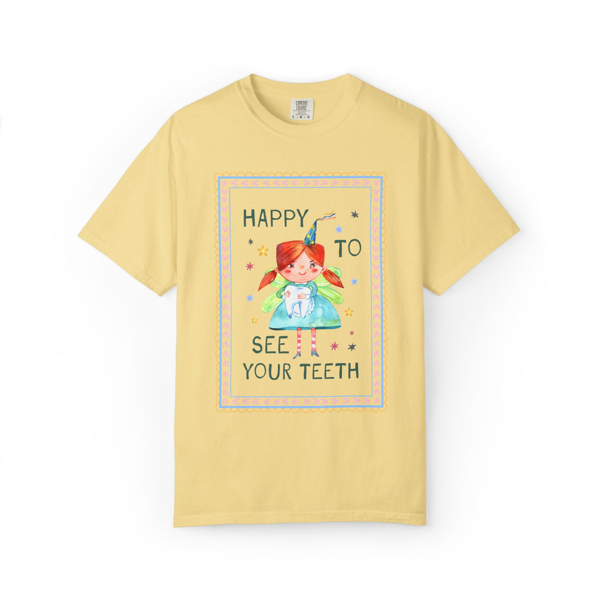 Happy to See Your Teeth: Funny Dentist or Dental Assistant T-Shirt with Tooth Fairy Holding a Tooth, Silly New Dentist Tee with Stars