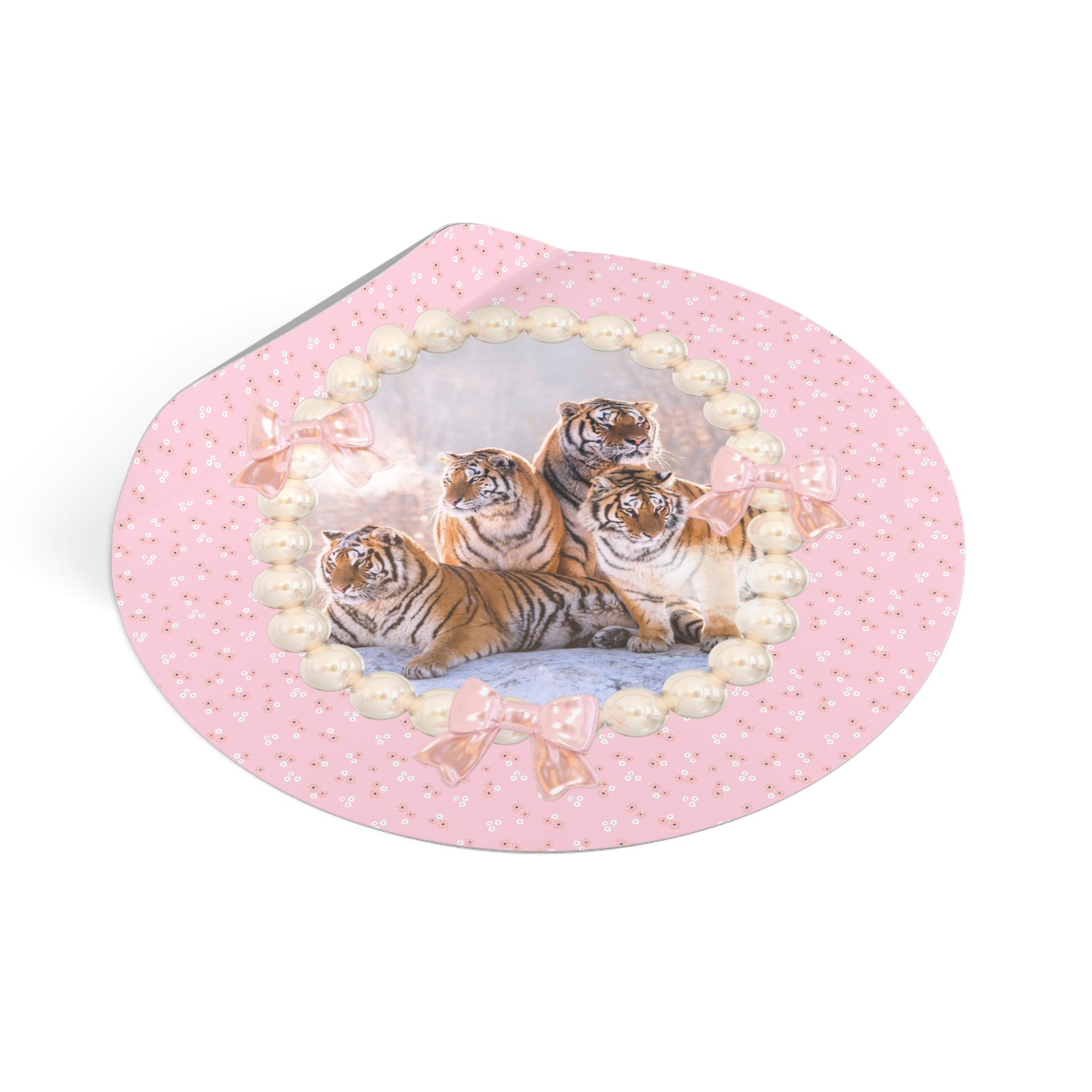 Funny Tigers in Snow Sticker with Pink Flowers in Pearl Frame: Silly Maximalist Tiger Sticker for Animal Lover, Friend Who Loves Tigers