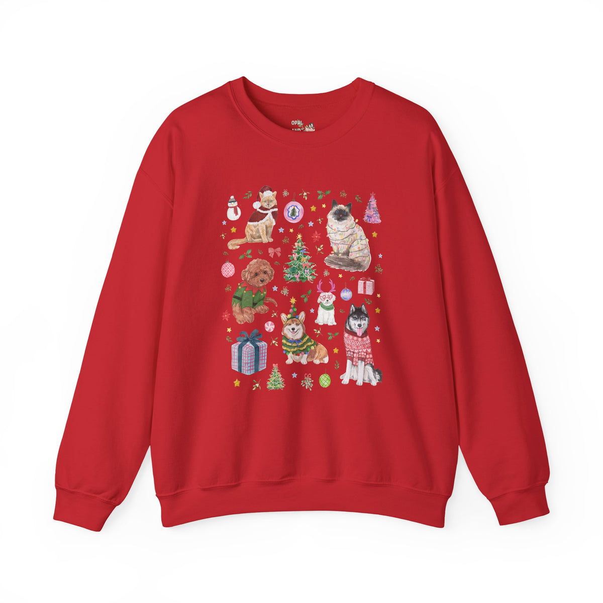 Maximalist Christmas Sweatshirt for Animal Lover with Kittens and Cats and Dogs, Funny Nostalgic Xmas Holiday Crewneck, Cute Kitschy Vibe