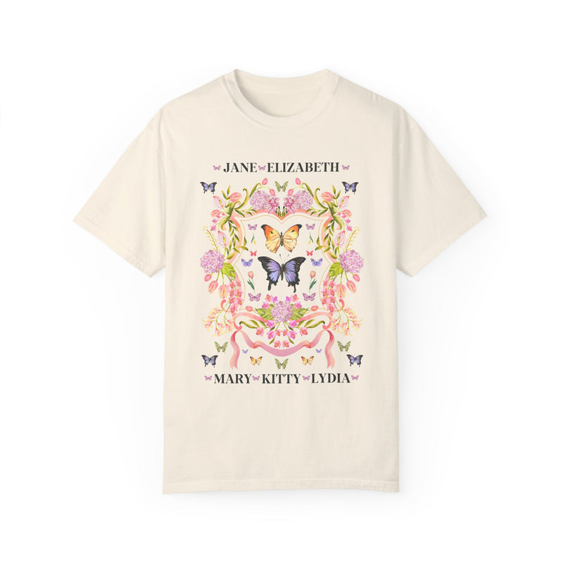 Boho Pride and Prejudice T-Shirt with Butterflies in Ivory, Whimsigoth Jane Austen Merch, English Lit Students, Bennet Sisters, Bookish Tee for Her