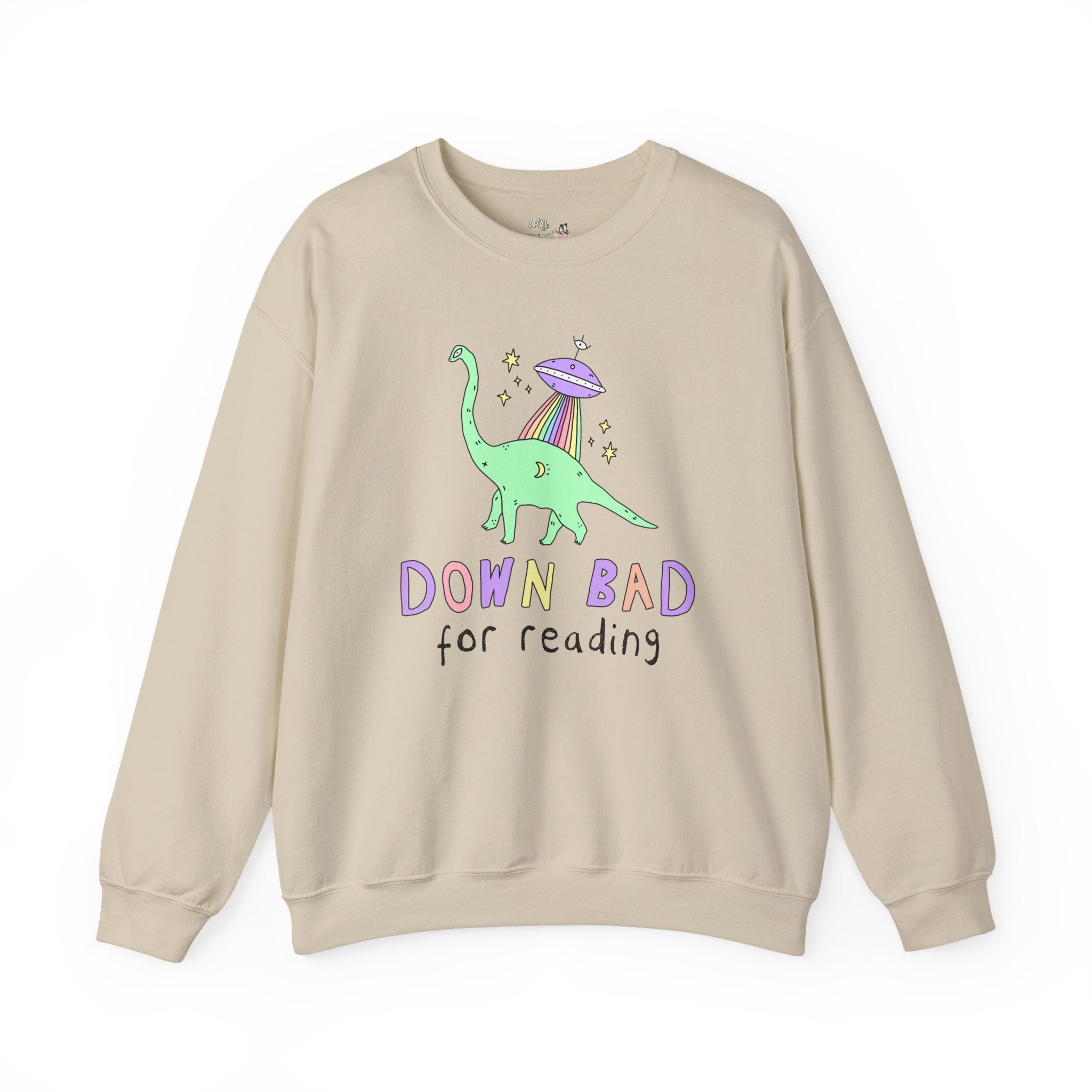 Dinosaur Bookish Sweatshirt with Rainbow UFO: Down Bad for Reading, Silly Dreamcore Book Lover or Librarian Crewneck for Mom Who Loves Books