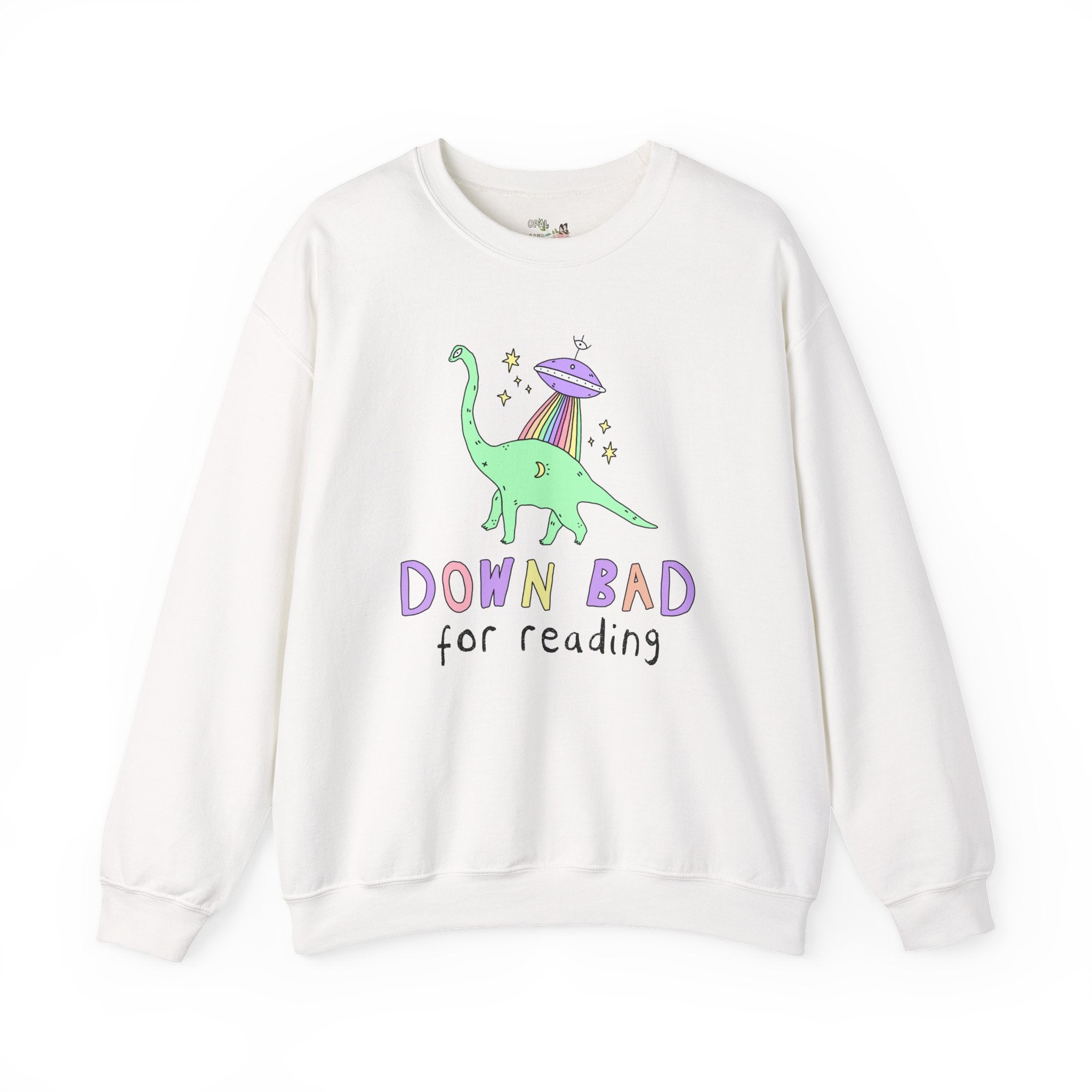 Dinosaur Bookish Sweatshirt with Rainbow UFO: Down Bad for Reading, Silly Dreamcore Book Lover or Librarian Crewneck for Mom Who Loves Books