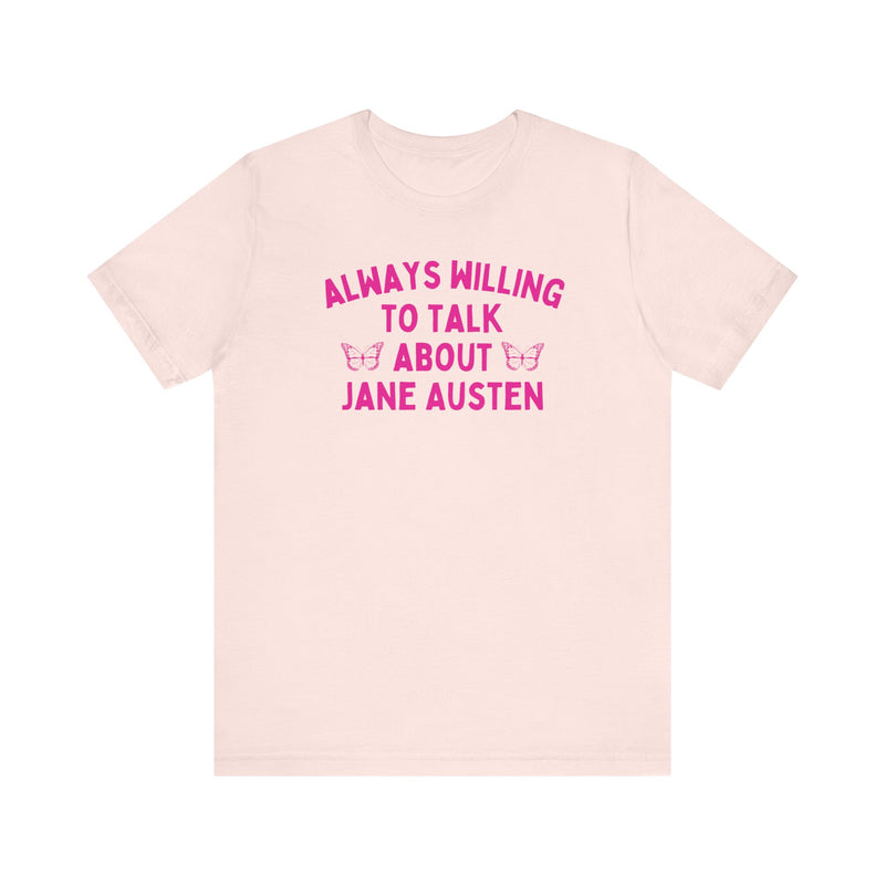 Pink Bookish Jane Austen Tee with Butterflies, Feminine Classic Literature Reader T-Shirt, Trendy Bookish Shirt for Her, Hot Pink Aesthetic Book Lover Tee, Romance Reader