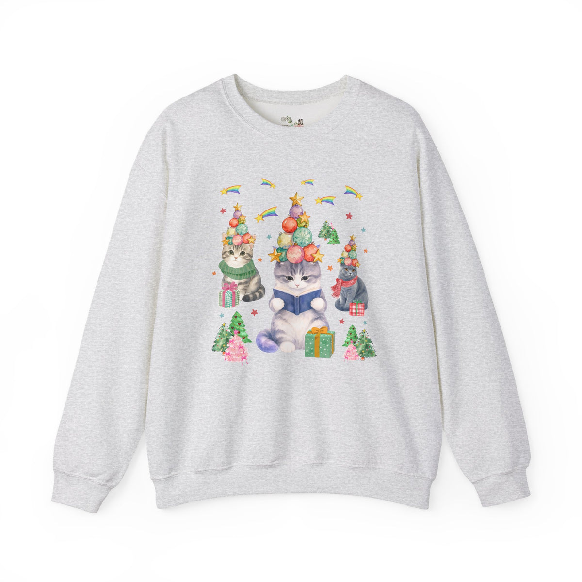Bookish Cat Christmas Sweatshirt with Shooting Rainbow Stars, Funny Dreamcore Kitten 90s Aesthetic Crewneck for Cat Mom or Cat Dad, Animal Lover Shirt