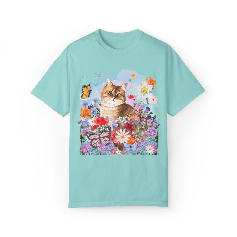 Funny Cottagecore Cat Shirt for Cat Mom or Cat Lover: Watercolor Cat with Butterflies