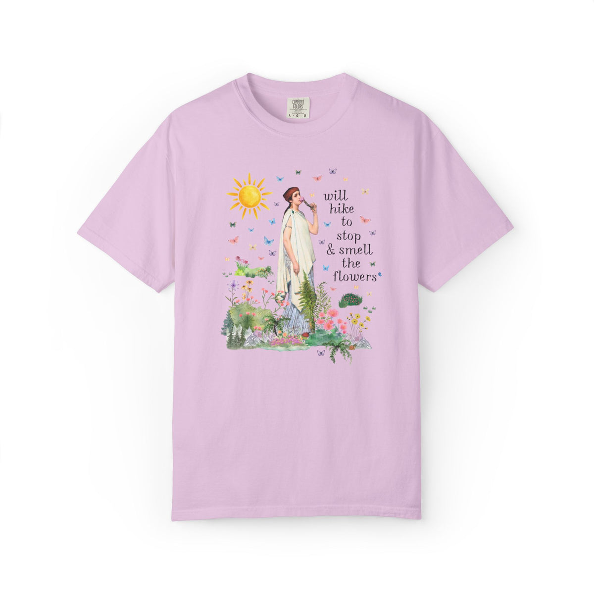 Hiking Art History Tee Shirt: Will Hike to Stop and Smell the Flowers, Funny Goblincore Hikinng Lover T-Shirt for Nature Lover or Gardener