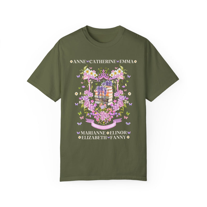 Whimsical Jane Austen Tee in Olive Green | Butterfly and Flower Design Featuring Iconic Austen Heroines | Cottagecore Inspired T-Shirt for Bookworms and English Lit Lovers