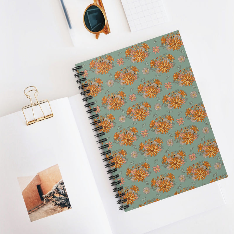Groovy Vintage Aesthetic Notebook with Orange Flowers and Teal Background