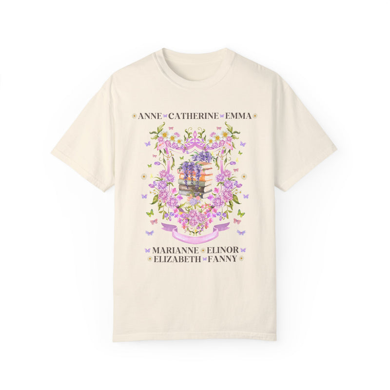 Coquette Jane Austen Book Merch in Ivory, Butterfly and Flower Design Featuring Iconic Austen Heroines | Cottagecore Inspired T-Shirt for Bookworms and English Lit Lovers