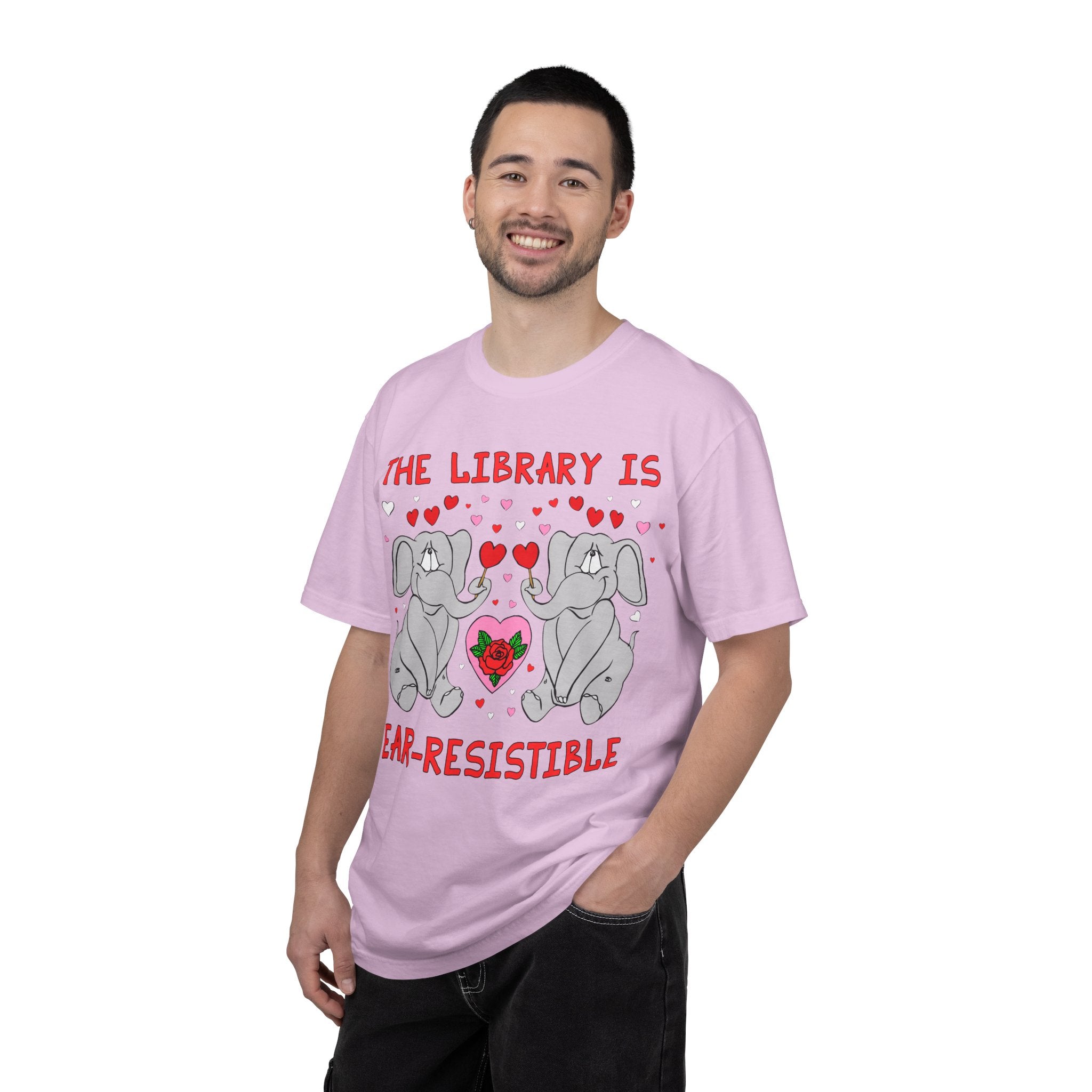 The Library is Ear-Resistible! Valentine's Day Teacher Tee: Funny Animal Lover T-Shirt with Elephant and Hearts, Cute Matching Teacher Tee