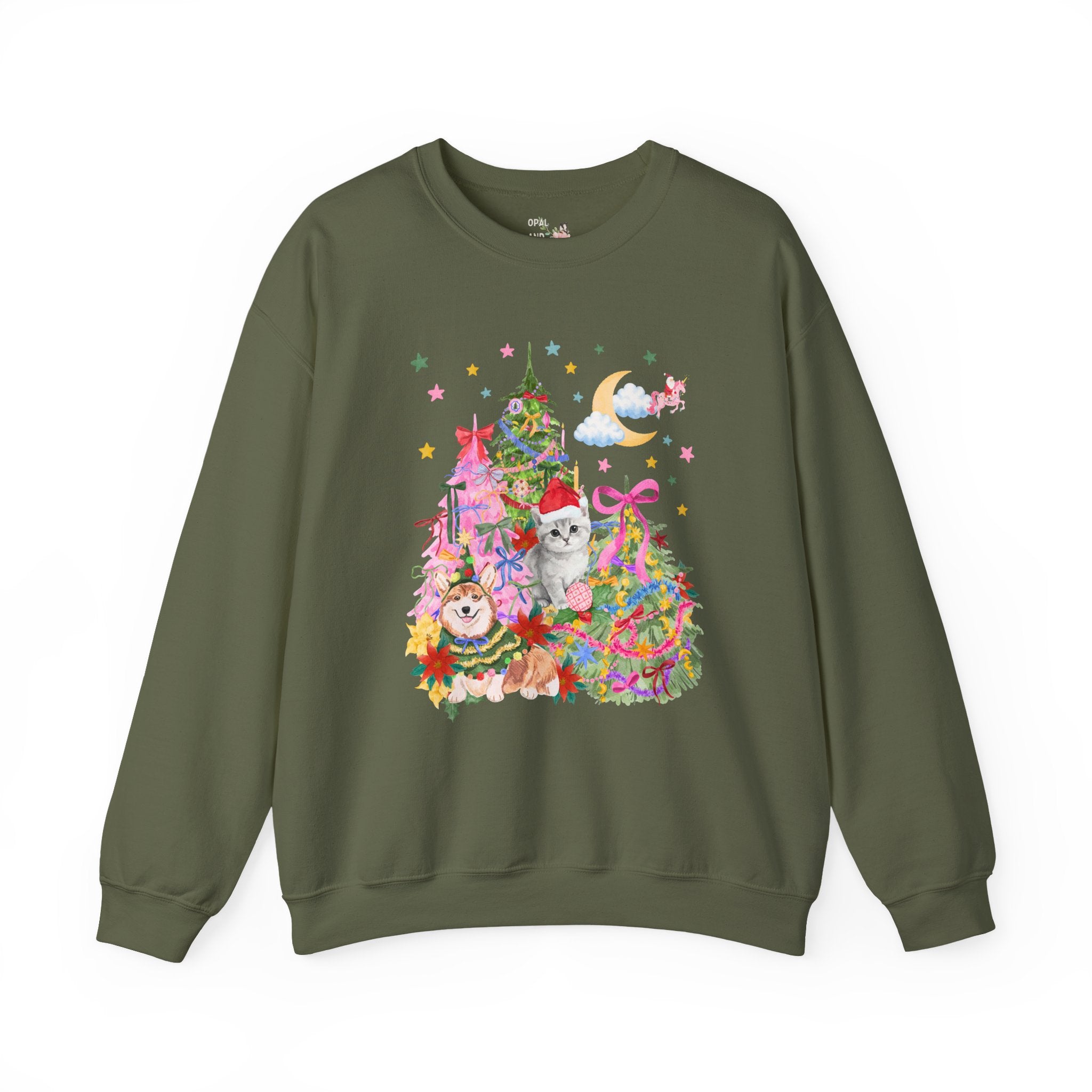 Kitschy Christmas Sweatshirt with with Corgi and Kitten: Funny Nostalgic 90s Aesthetic Xmas Crewneck for Animal Lover, Eclectic Holiday Shirt with Stars