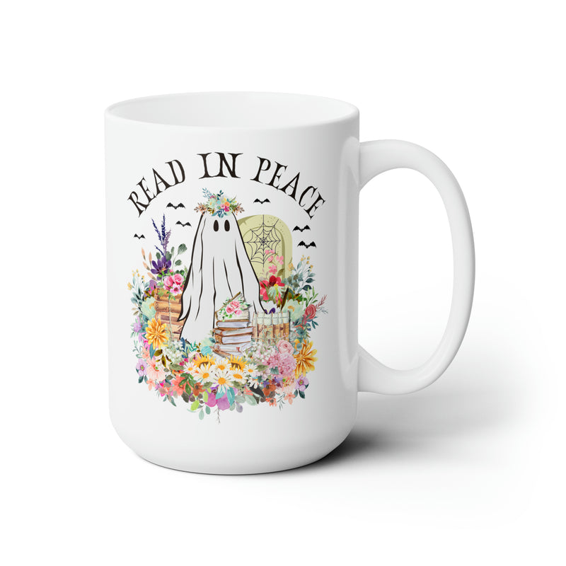 Bookish Floral Ghost Coffee Mug for Halloween: 15 Oz Coffee Cup for Reader