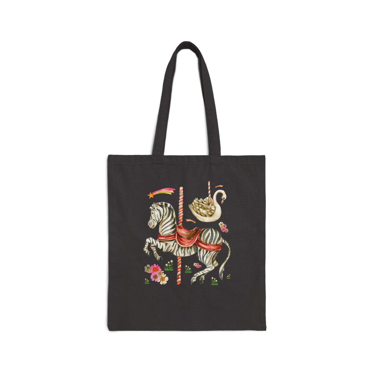 Zebra and Swan Nostalgic Carousal Circus Lover Tote Bag for Animal Lover with Shooting Stars and Flowers
