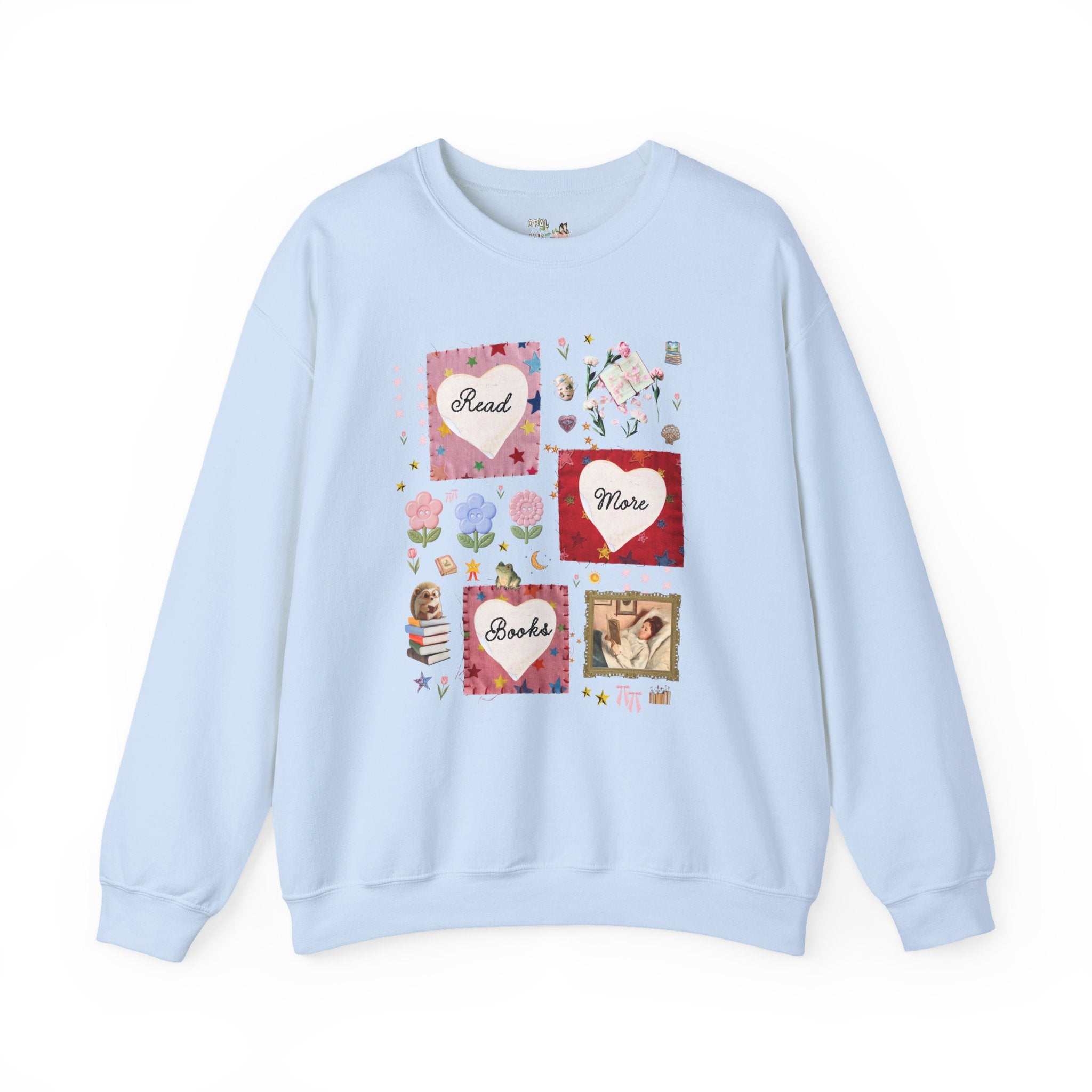 Read More Books Maximalist Collage Sweatshirt with Hearts and Flowers, Whimsy Kitschy Soft Girl Style Crewneck for Book Lover or Bookworm