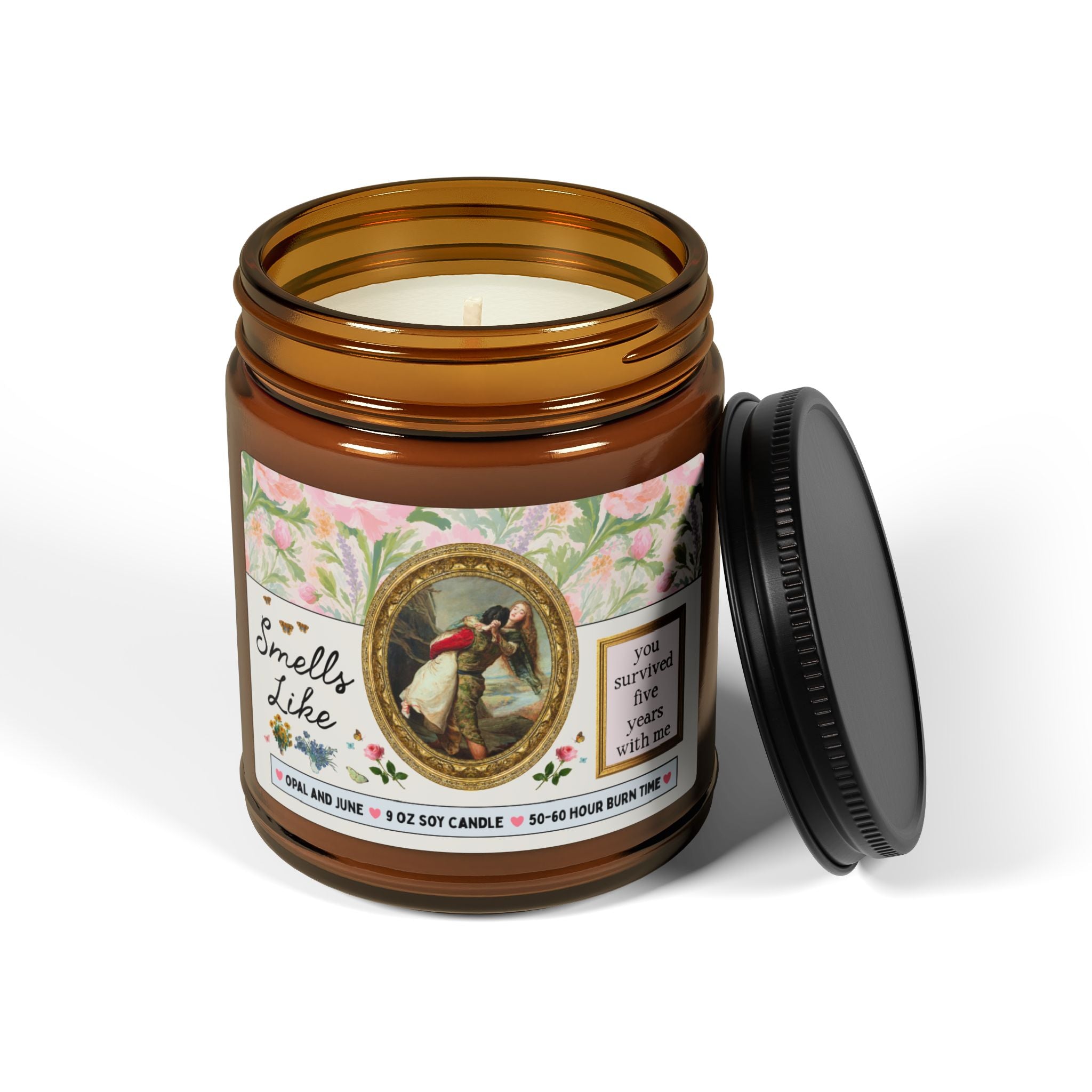 Five Year Anniversary Gift: Smells Like You Survived Five Years with Me Candle, Funny Art History Buff 9 Oz Soy Candle with Famous Painting