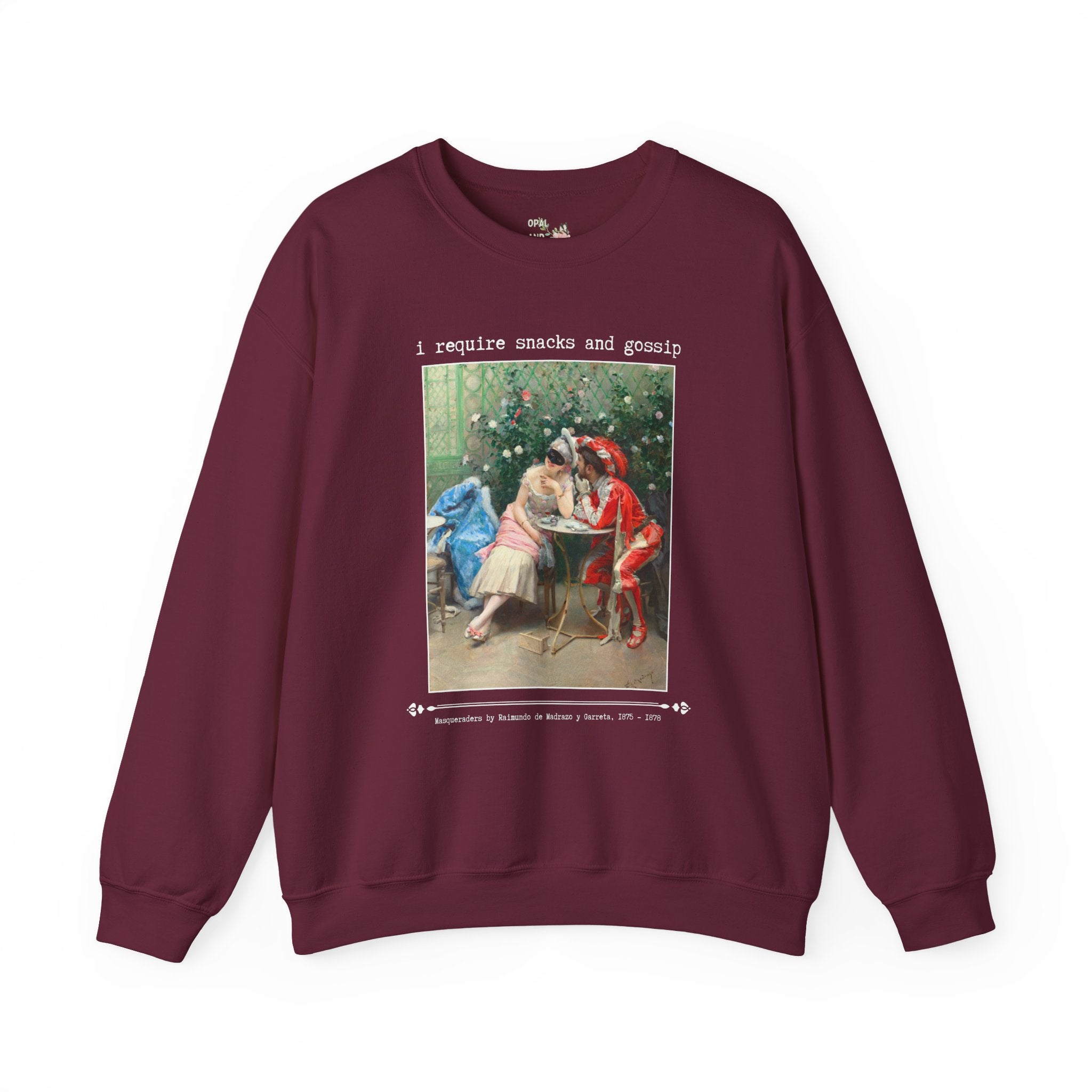 Funny Art History Sweatshirt for Friend Who Loves Snacks and Rococo Art: I Require Snacks and Gossip, Silly Vintage Aesthetic Crewneck with Flowers