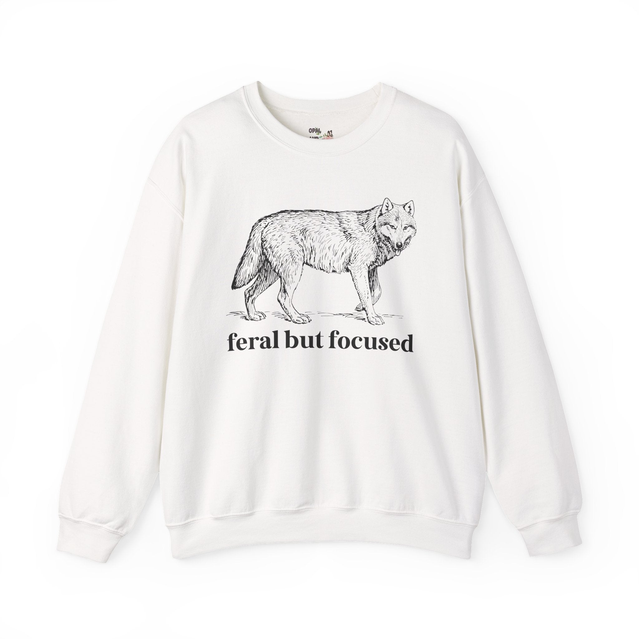 Silly Animal Lover Sweatshirt with Illustration of Wolf: Feral But Focused, Funny Goblincore Crewneck, Biology Major Present, Cute Birthday Gift
